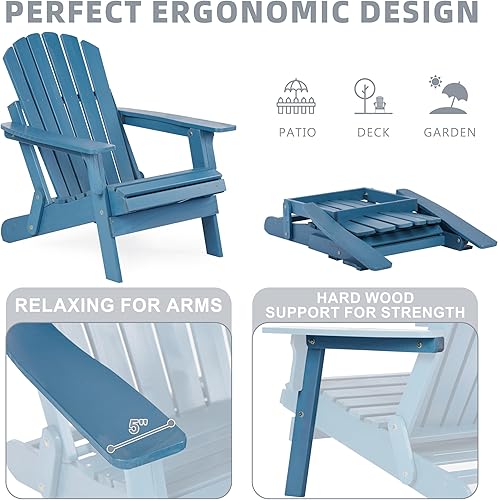 Miniatura 4 de Silla Adirondack plegable de madera de gran tamaño con otomana, respaldo y tabla de asiento premontados, silla de descanso para patio al aire libre,