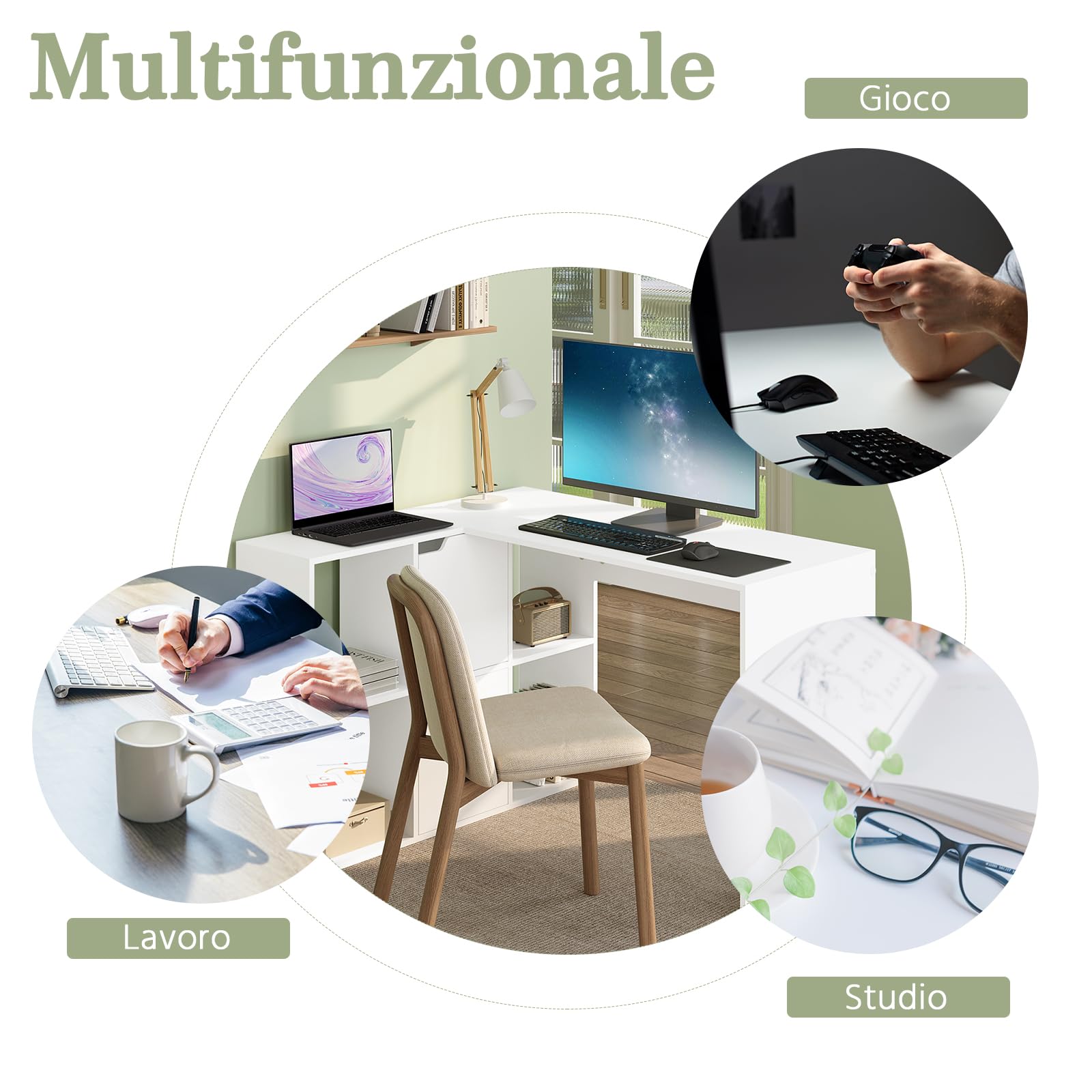 eSituro Scrivania Angolare a L con Libreria, 120 x 100 cm, Bianca | 4 Scomparti Libreria, 2 Armadi, Doppio Piano, per Computer e Studio