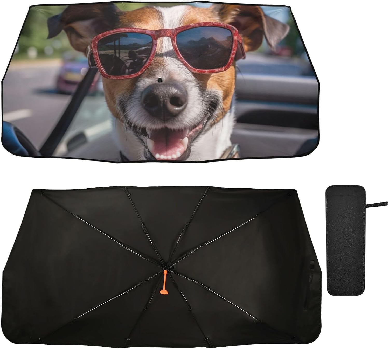 Car Umbrella Sun Shade Cover, Dog Driving with Glasses Umbrella Sun Shade for Car Truck Window Front Windshield, Blocks UV Rays Sun Visor Protector Sun Heat Reflector to Keep Your Vehicle Cool