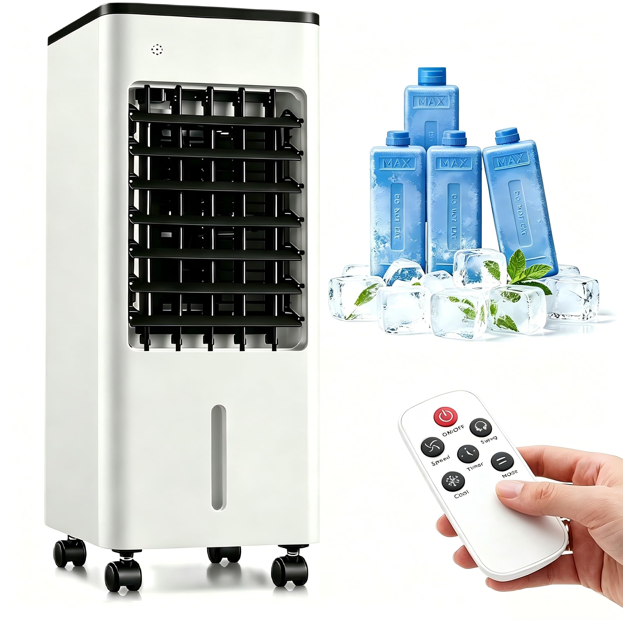 Portable Air Cooler, Evaporative Air Cooler with Remote Control, 6L Water Tank, Evaporative Cooling Fan with 3 Speeds, 7.5H Timer, 120° Oscillation for Home Bedroom Office, Black