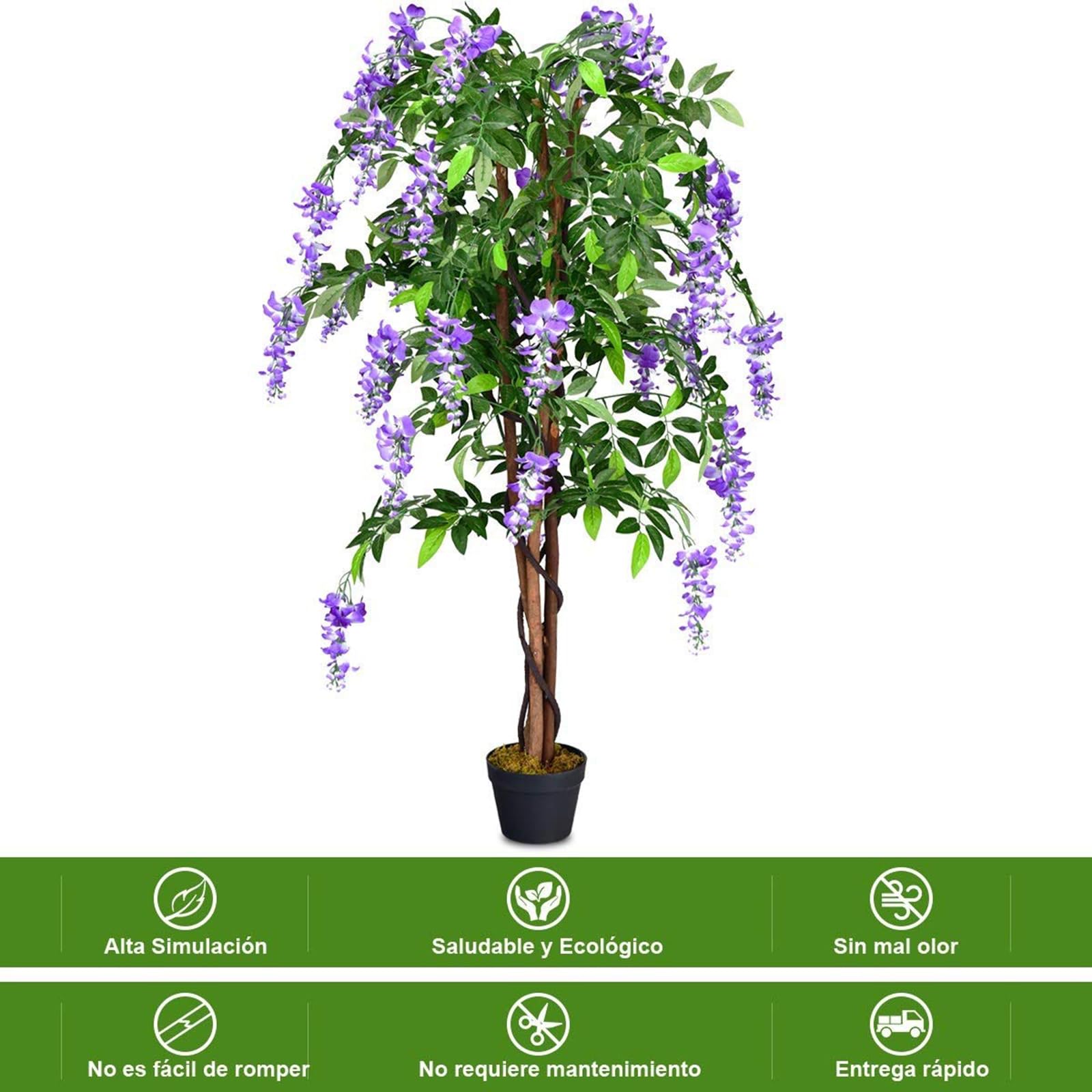 COSTWAY Plantas Artificiales Decorativas, Flores Artificiales con Ratán Simulado con 840 Hojas, Árbol Artificial Planta Simulación con Flores moradas para Oficina Hogar Boda Interior Decoración