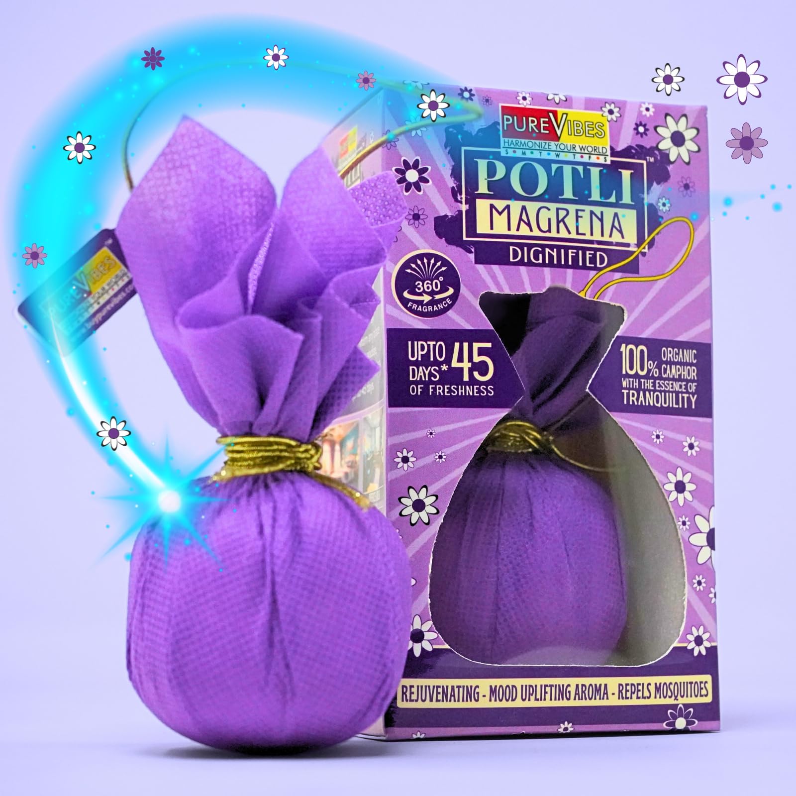 PureVibes Air Freshener Potli Magrena (Dignified) | Organic Camphor Infused Air Freshener & Odor Eliminator Works 24/7 Up To 45 Days | For Bedroom, Car, Office, Living Area, Wardrobe - Purple