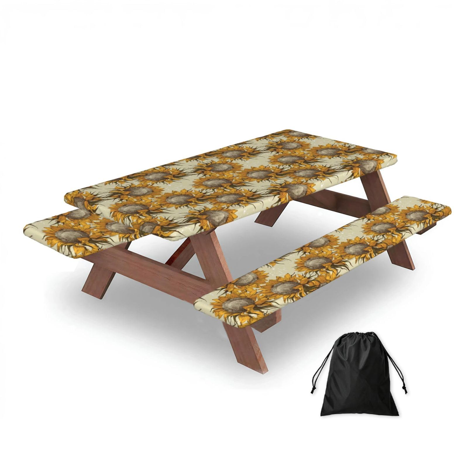 Dopklna As Picture Sunflowers, Picnic Table Cover With Bench Covers -Waterproof Elastic Fitted Tablecloth For Garden Camping Patio 76X152cm
