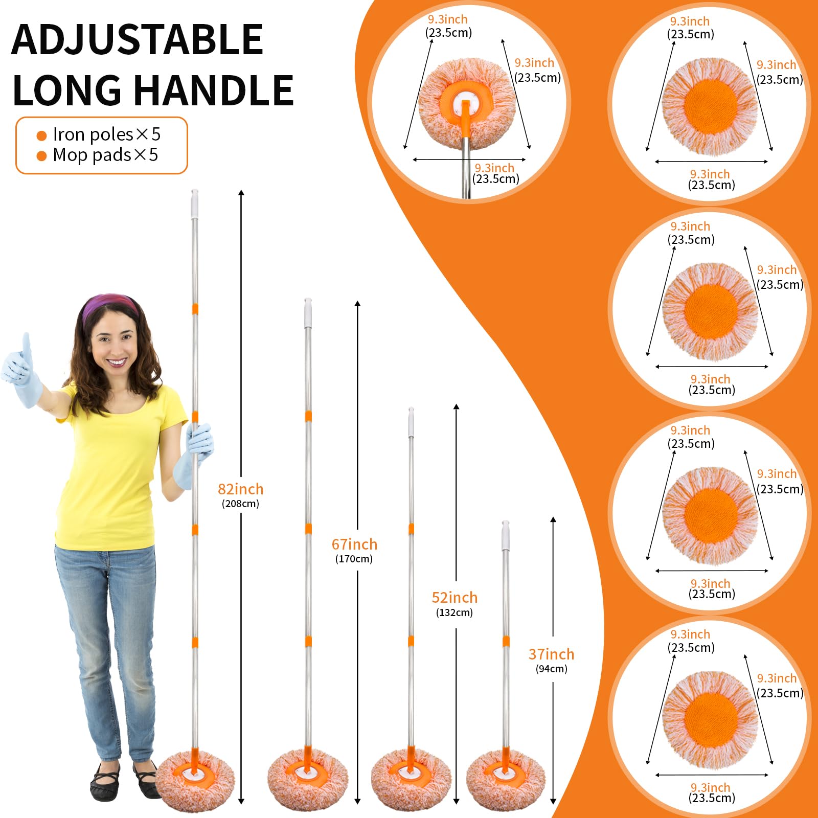 Mopa de limpieza giratoria ajustable de 360 grados con 5 cabezales de fregona, limpiador de pared de 78 pulgadas con mango largo, trapeador de polvo presenciado, fregona de limpieza de pared de