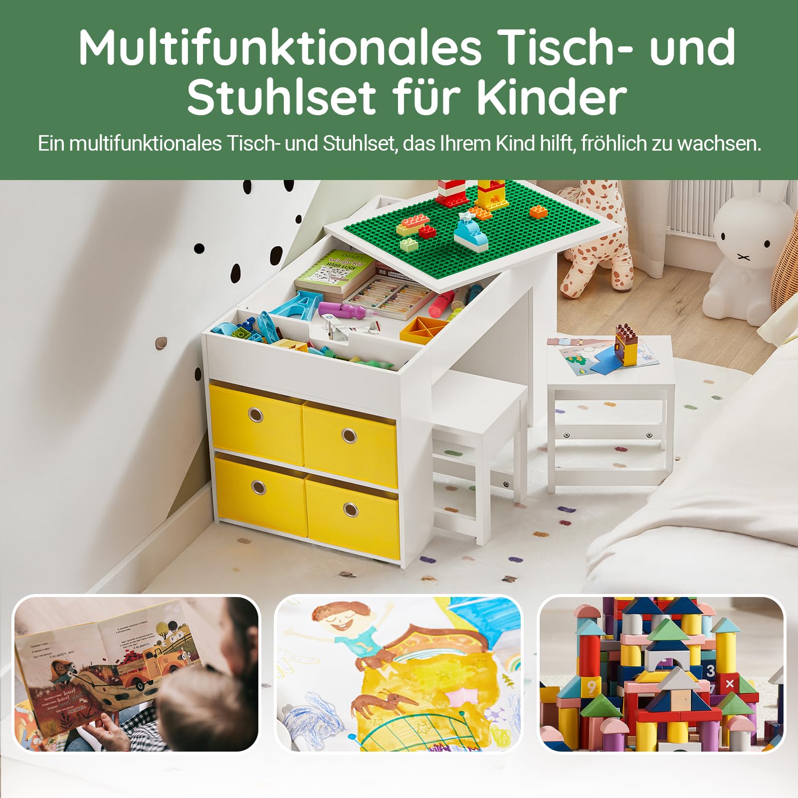 SoBuy Kindertisch mit 2 Stühlen Kinder Tisch Stuhl Set Kindersitzgruppe mit Stauraum Spieltisch und Aktivitätstisch für Kinderzimmer Weiß 87x50x50cm KMB75-W