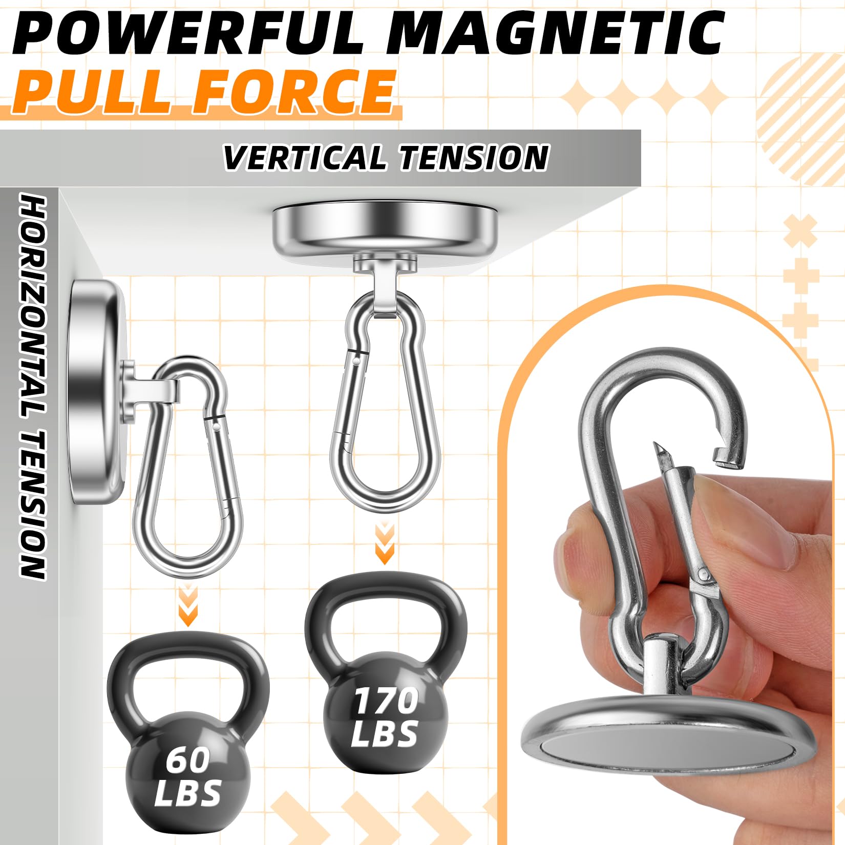 FINDMAG 170 LBS Magnetic Hooks Heavy Duty Strong Magnet with Hooks 2 Pack | Magnetic Hooks with Swivel Carabiner Holding Work Lights Office Locker Workplace Refrigerator Cruise Ship product thumbnail 10