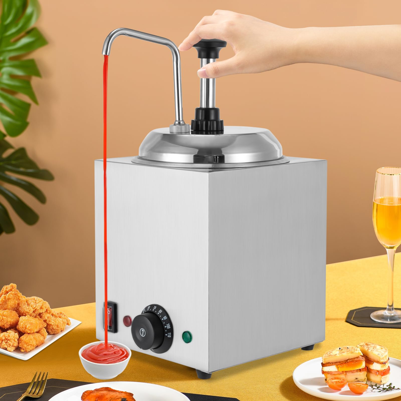 Distributore di salse da 2,5 l con funzione di riscaldamento, dispenser di salse in acciaio inox, dispenser di salsa per pompa, dispenser di spezie maionese, dispenser di senape ketchup