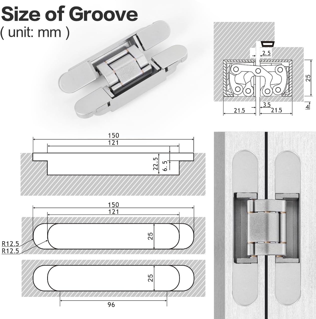 Onedaful 2 Kits 6 inch Stainless Steel Hidden Door Hinges Invisible Hinges for Door, 180 Degree Swing Concealed Hinges, 3 Way Adjustable & Heavy Duty for Secret Door (Load-Bearing Up to 170lbs)