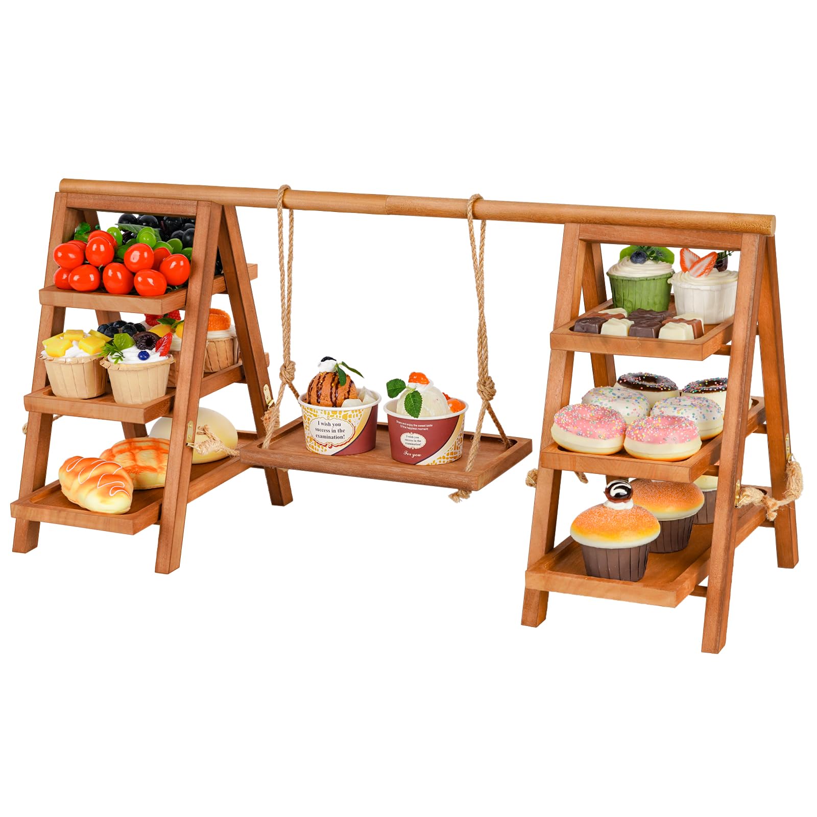 Whiidoom Cupcake Stand, 3 Tier Wood Cupcake Display Stand with Swing, Dessert Table Display Set with Serving Tray for Dessert Display for Party, Wedding, Farmhouse Decor (Brown)