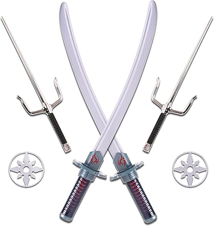 Kangaroo 6-Piece Ninja Halloween Costume Accessories - Toy Swords Set for Kids, Anime Swords for Ninja Kids Toys | Ninja Weapons for Boys, Silver Katanas, SAIS, and Stars Samurai Sword for 8-12