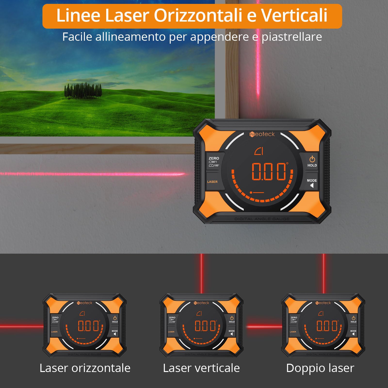 Neoteck 4x90° Inclinometro Digitale con 2 Laser - Livella Digitale Ricaricabile 2 Lati Magnetici Schermo LED Retroilluminato Doppia Bolla Elettronica per Falegnameria, Bricolage e Cantieri