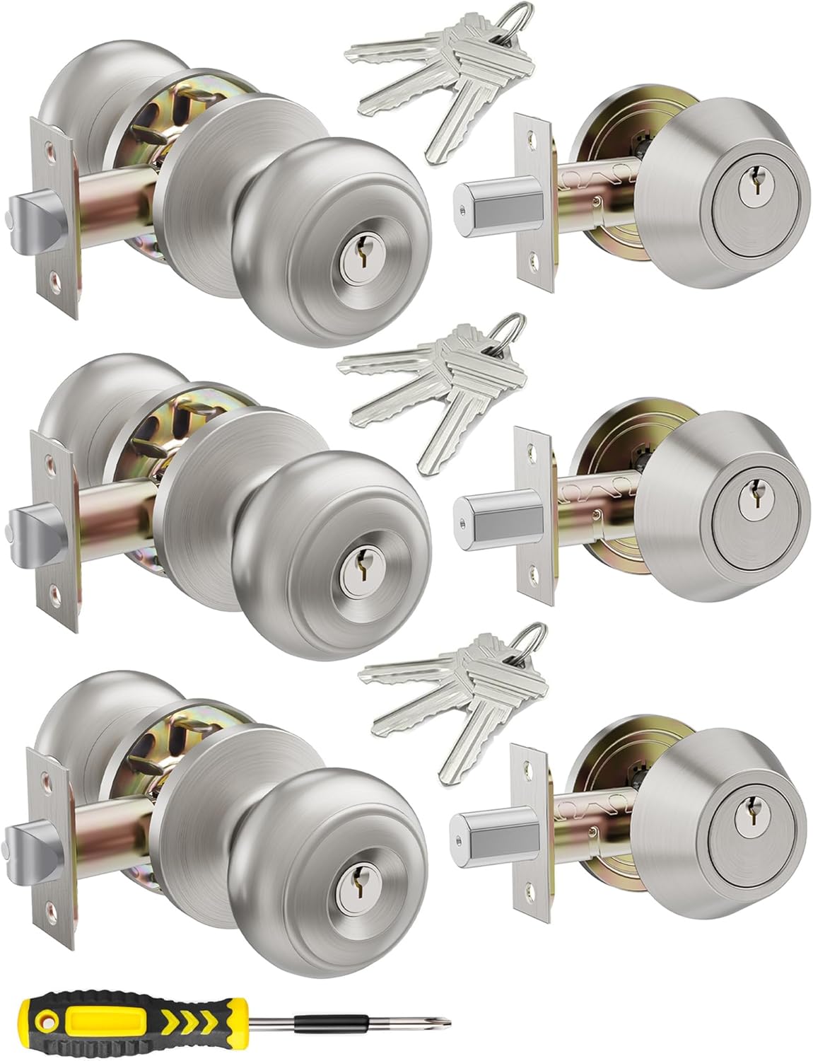 3 Set All Keyed Same Entry Door Knobs and Single Cylinder Deadbolt Combo Set for Entrance and Front Door, Keyed Alike Exterior Door Lock Set with Keys, Satin Nickel Deadbolt Lock and Door Knob Set 3 Pack Satin Nickel