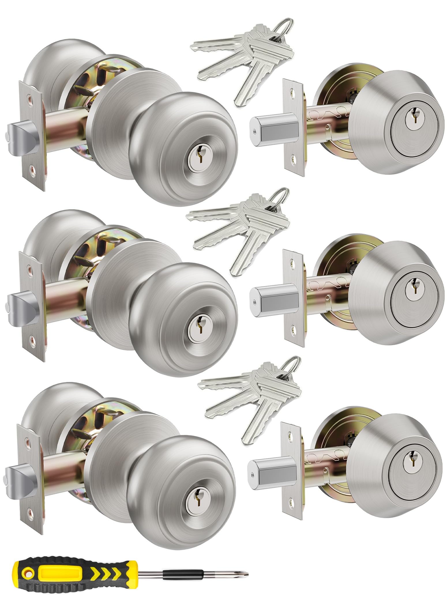 Lanwandeng (3 Sets) All Keyed Same Entry Door Knobs with Single Cylinder Deadbolt for Exterior Door Use, Satin Nickel Finish Round Ball Door Entry Locks