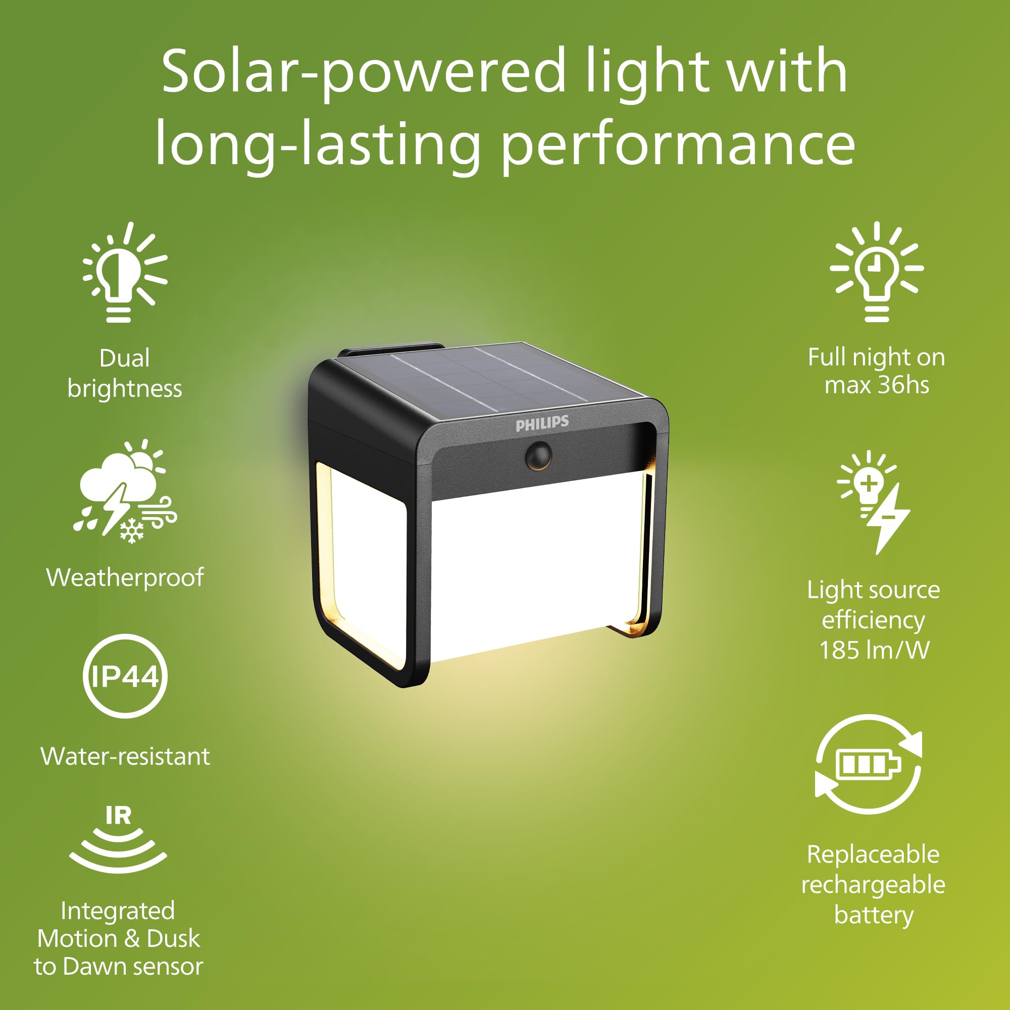 PHILIPS Ezra UltraEfficient Outdoor Solar Wall Light with Sensor, 3000K, 250/25lm, Black - Image 2