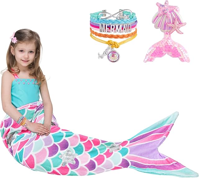 WERNNSAI Mermaid Tail Blanket - Wearable Mermaid Soft Blanket with Glitter Stars Sequin Hairpin Bracelet for Girls Teens Pink Soft Flannel Snuggle Blanket 140 x 60cm Gift for Birthday Christmas