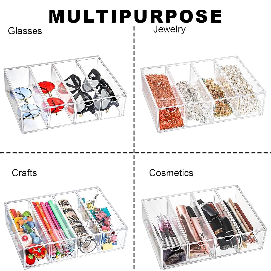 Almacenamiento de gafas de sol acrílicas - Organizador de gafas con 4 cajones para gafas múltiples, joyas, relojes - Almacenamiento de gafas de sol transparente, paquete de 2 Organizador de