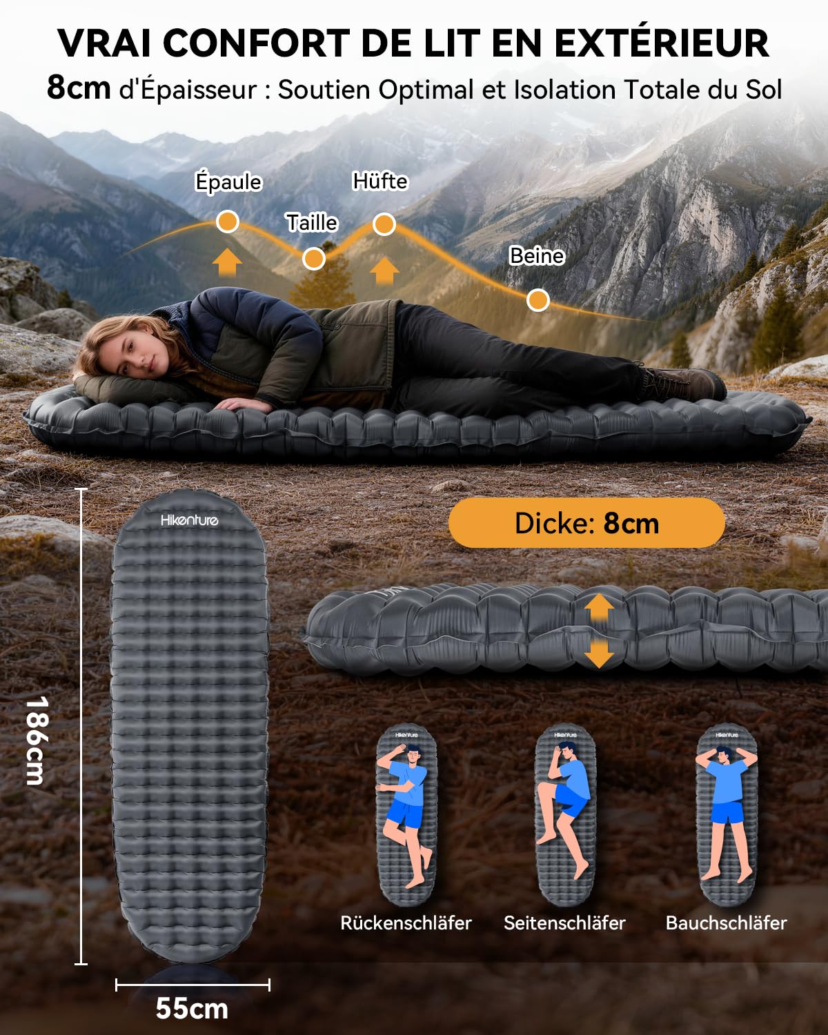 HIKENTURE 460g Matelas de Camping Ultra-léger, R-Valeur 4 - avec Sac Pompe | Compact et Léger, 8 cm Ultra-confort, pour 4 Saisons - Matelas Camping 1 Place pour Randonnée, Trekking, Bivouac - 186 x 55cm