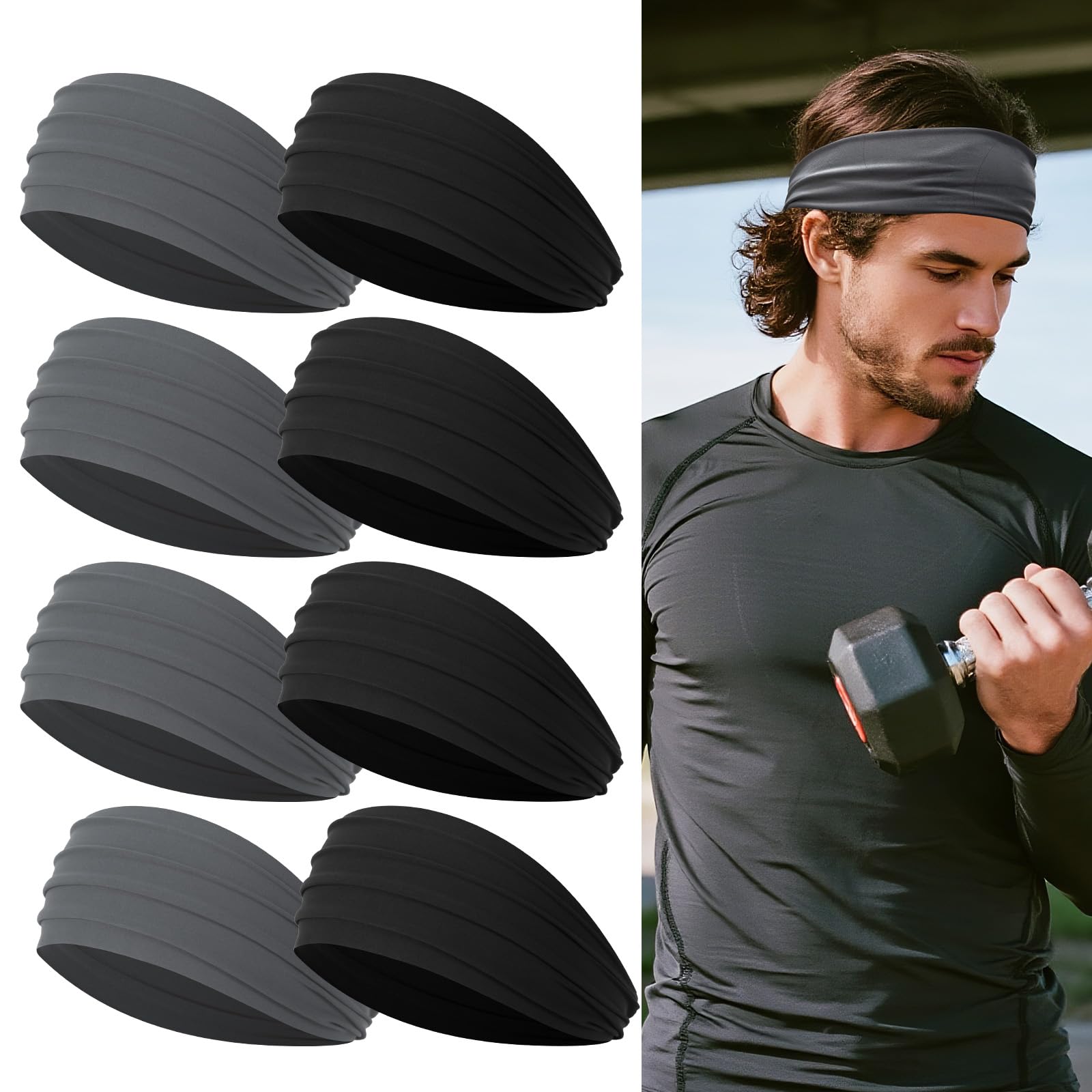 Wide Headbands for Men, Athletic Sweat Bands for Long Hair, Men's Sports Headbands, 8 Pieces