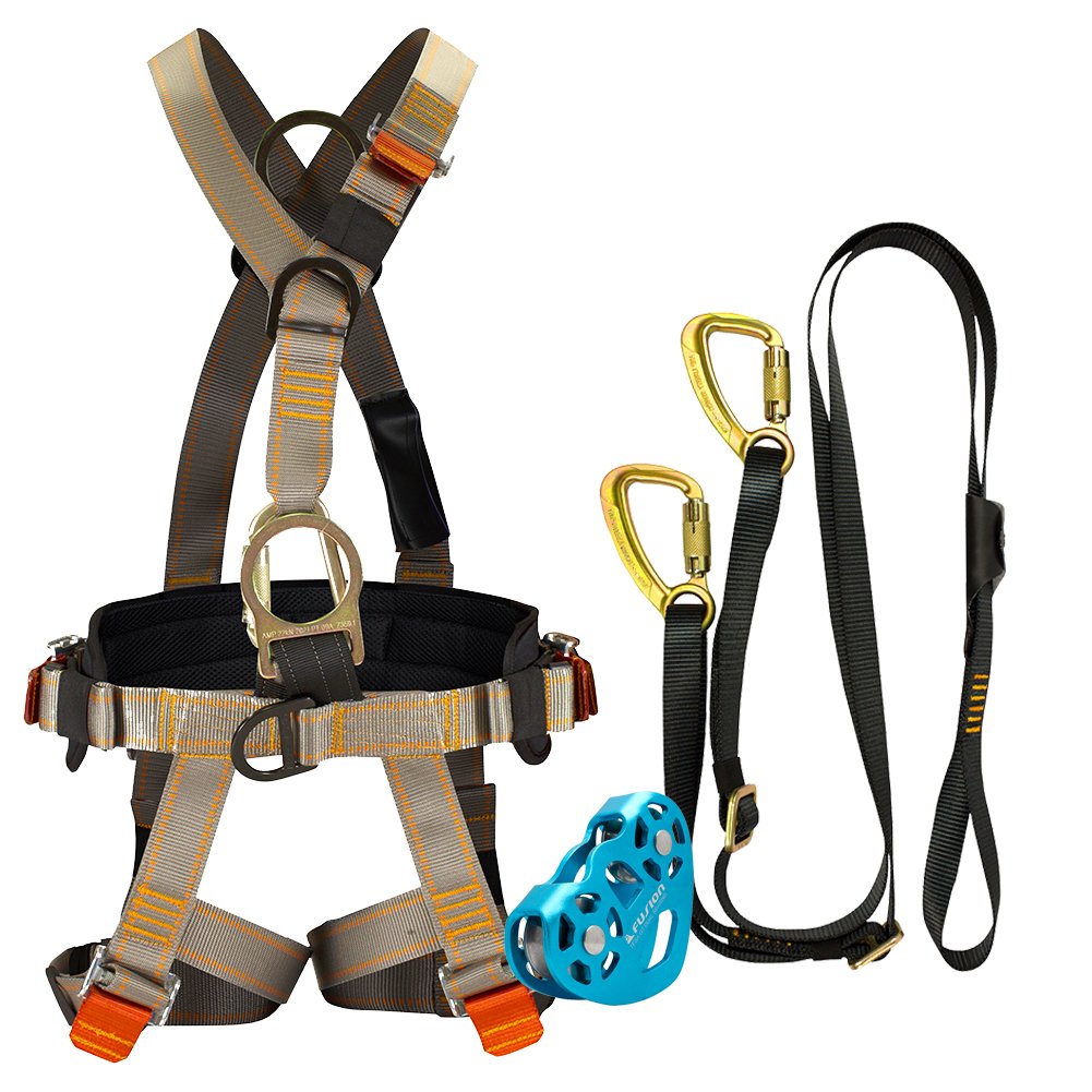 Fusion Climb Pro Backyard Zip Line Kit FK-A-HLT-07 Harness Lanyard Trolley Bundle, Black