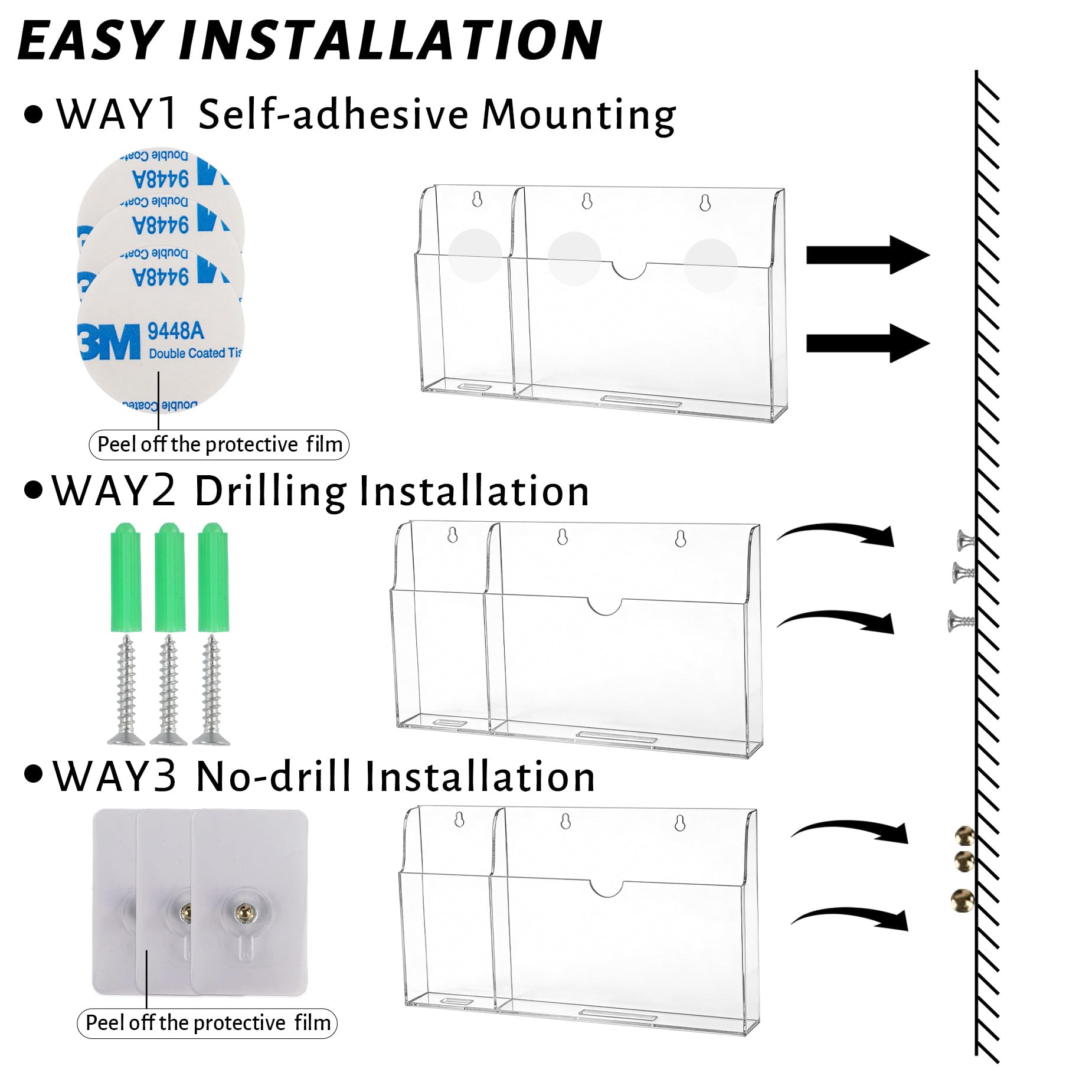Soporte acrílico para teléfono montado en la pared con agujeros de carga, soporte de control remoto de pared de 2 compartimentos para tablet, iPad, Kindle, portátil, transparente