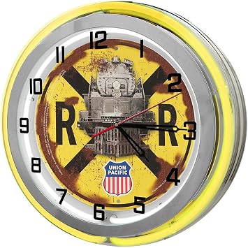 Union Pacific Railroad 18" Yellow Double Neon Garage Clock, Train Room Signs, Locomotive Decor