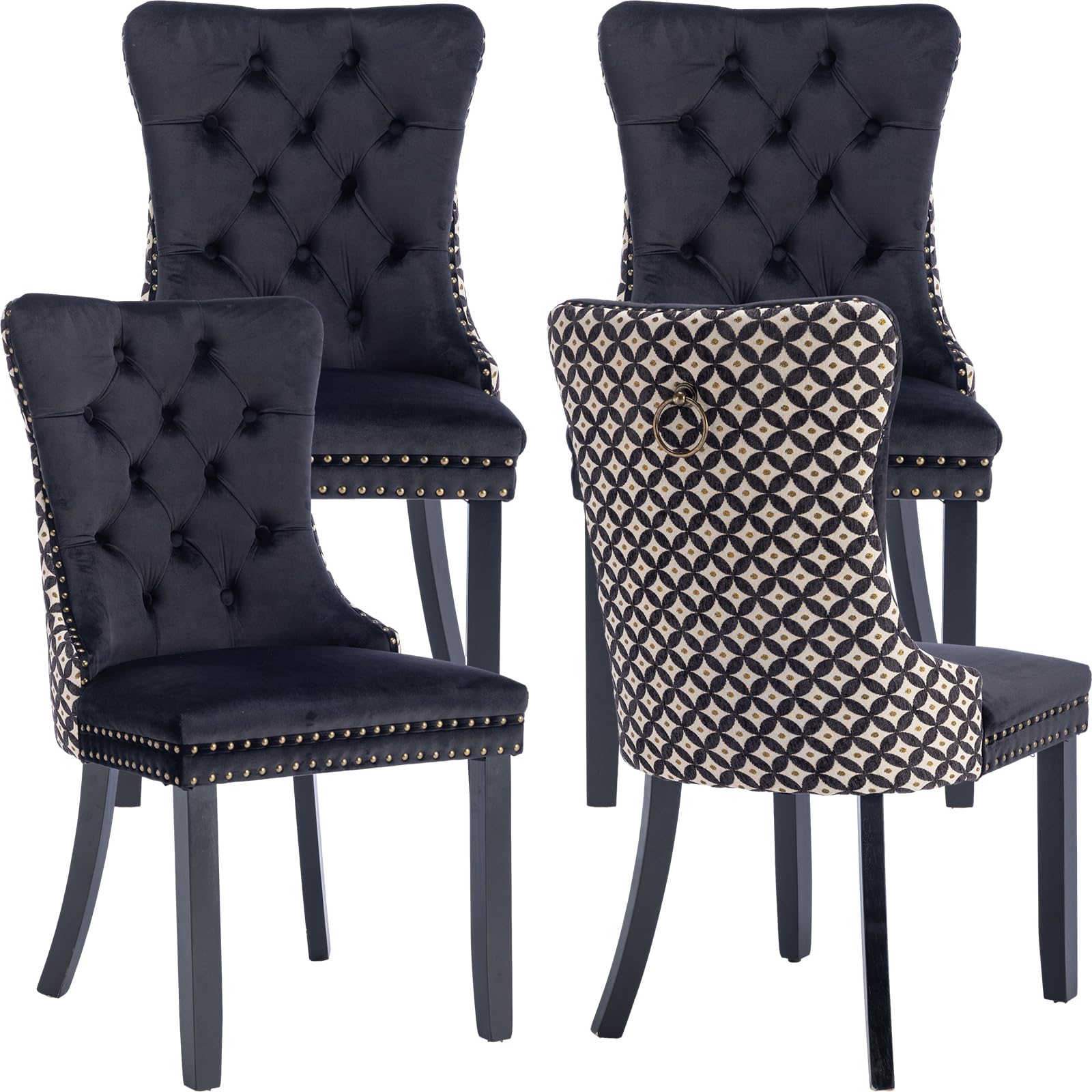 ODUSE-DAILY Velvet Dining Chairs Set of 4, Kitchen & Dining Room Chairs, Nailheads Tufted Chair, Sillas De Comedor, Two-Tone Fabric Upholstered, Wood