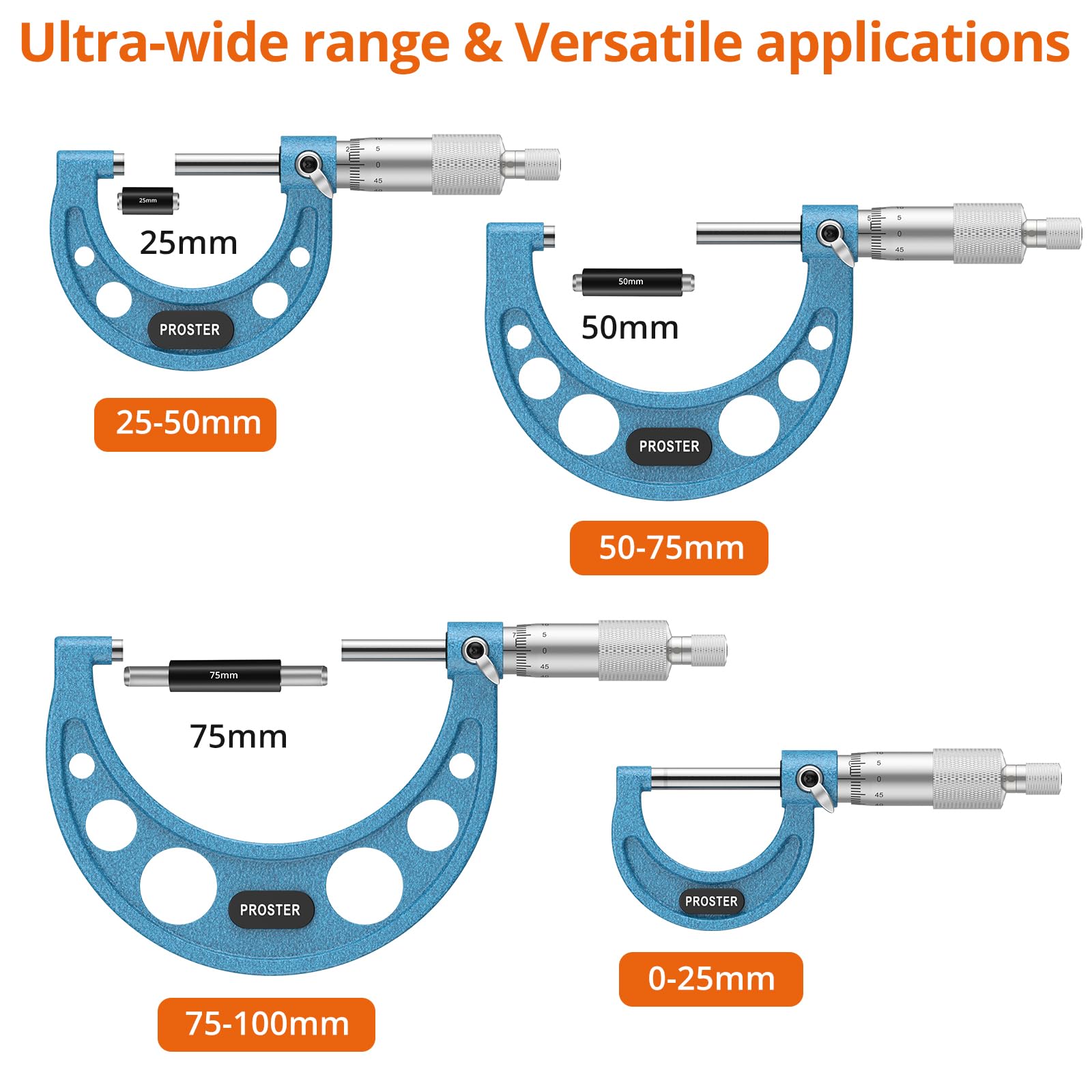 Proster Micrómetro Externo 0~100mm 4PCS Micrometro Metrico 0-25mm, 25-50mm, 50-75mm, 75-100mm con 3 Varillas de Calibración y Llave Especial para Mecanizado, Automoción Inspección