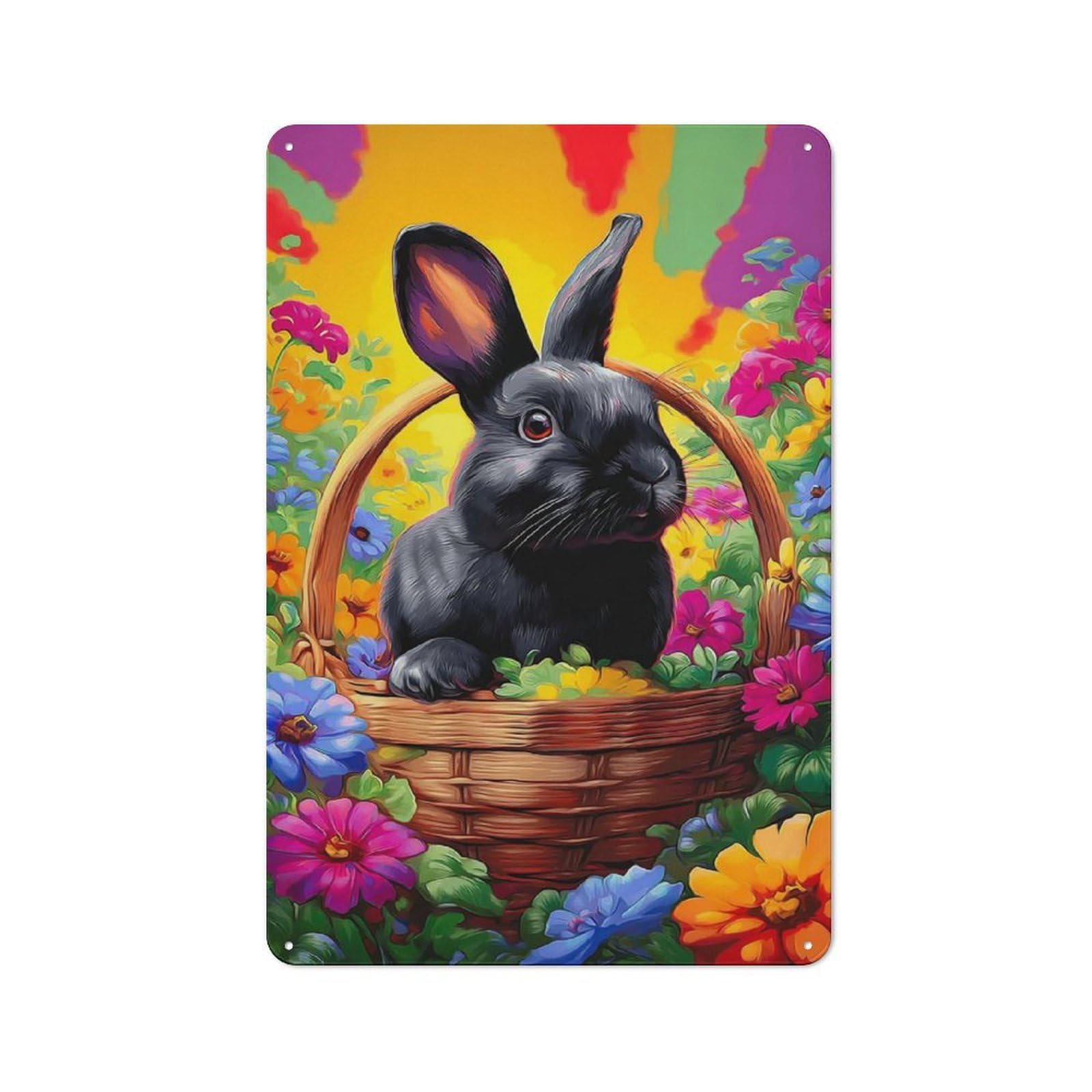 Junmoney Rabbit In A Basket With Flowers Rustic Metal Sign 30X20cm For Café Or Restaurant, Suited To Café Owners And Decorators