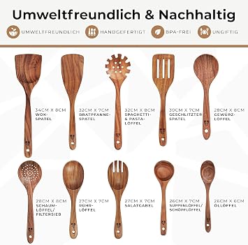 Kochlöffel Holz Set 10-teilig aus Teakholz Holzlöffel und Pfannenwender Leicht und hitzebeständig schonend zu Antihaftbeschichtungen und Kochgeschirr; langlebig und mühelos zu reinigen