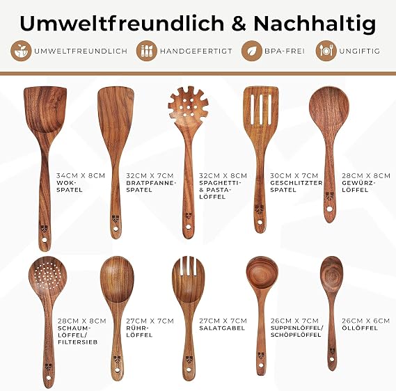 Kochlöffel Holz Set 10-teilig aus Teakholz Holzlöffel und Pfannenwender Leicht und hitzebeständig schonend zu Antihaftbeschichtungen und Kochgeschirr; langlebig und mühelos zu reinigen