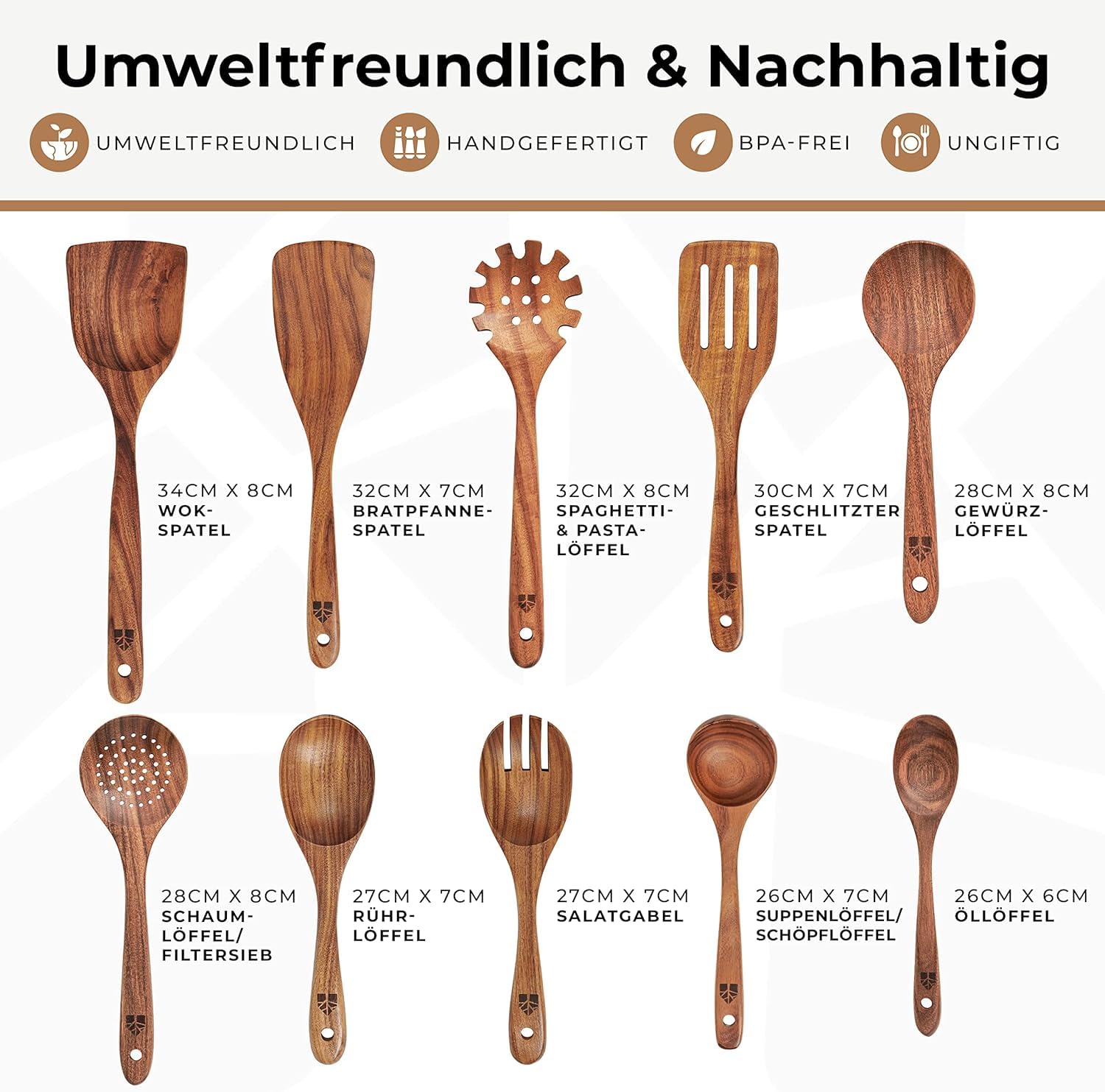 Kochlöffel Holz Set - Holzkochlöffel 10 Stück aus Teakholz - Holzlöffel, Pfannenwender Holz und weitere Kochbesteck Set - Natürlich & Perfekt für Antihaft. Leicht & Hitzebeständig Küchenutensilien