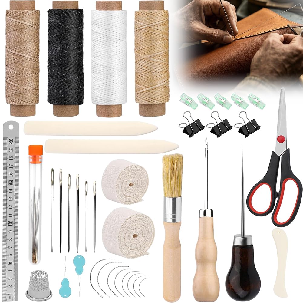 Set di 41 attrezzi per rilegatura a libro, in pelle, per rilegatura a libro, utensili da cucito per pelle, set di rilegatura fai da te, strumenti iniziali con nastro, filo cerato, punteruolo, per fai