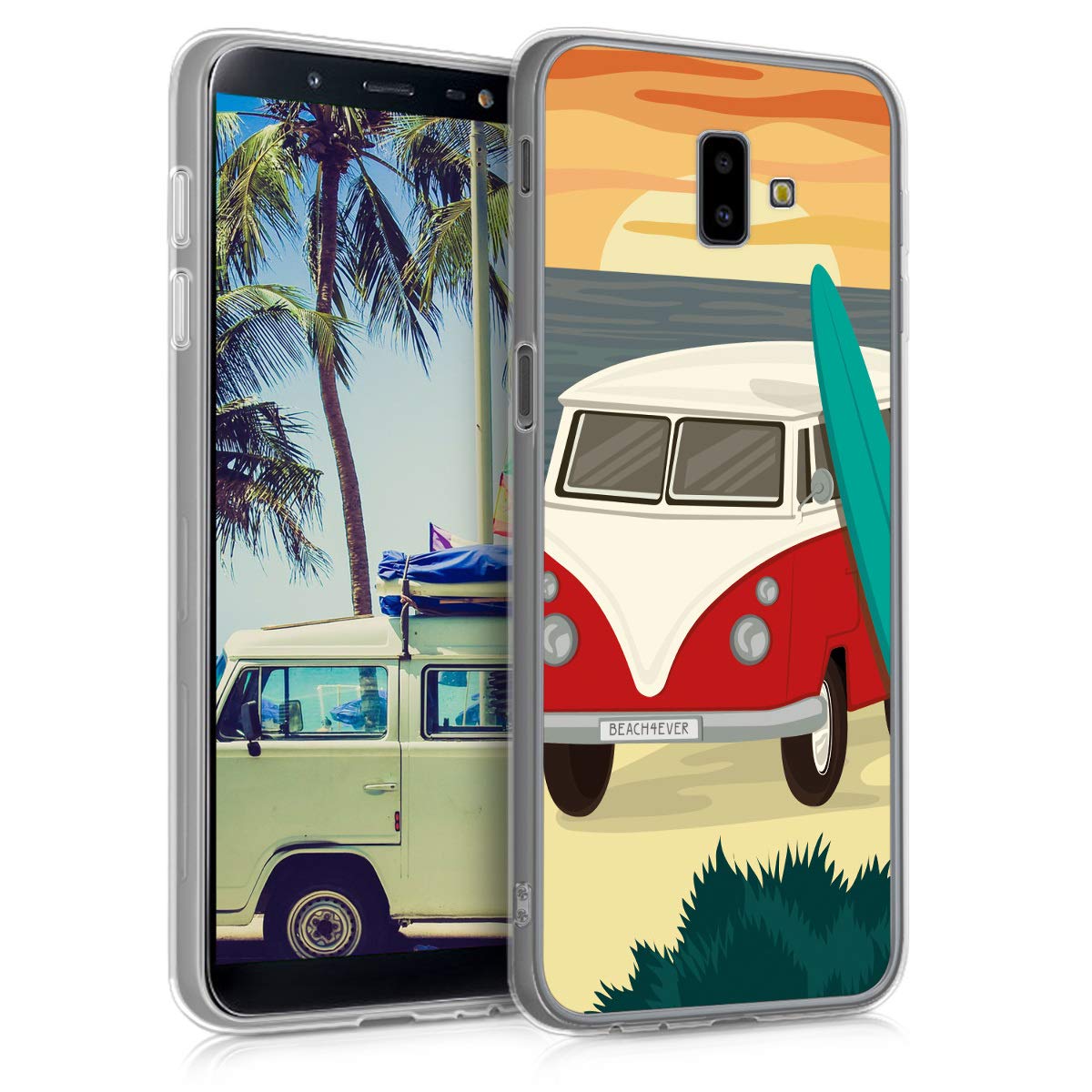 kwmobile Case Compatible with Samsung Galaxy J6+ J6 Plus DUOS Case  Clear TPU Cover with Design Campervan Paradiso Red/Turquoise/Orange