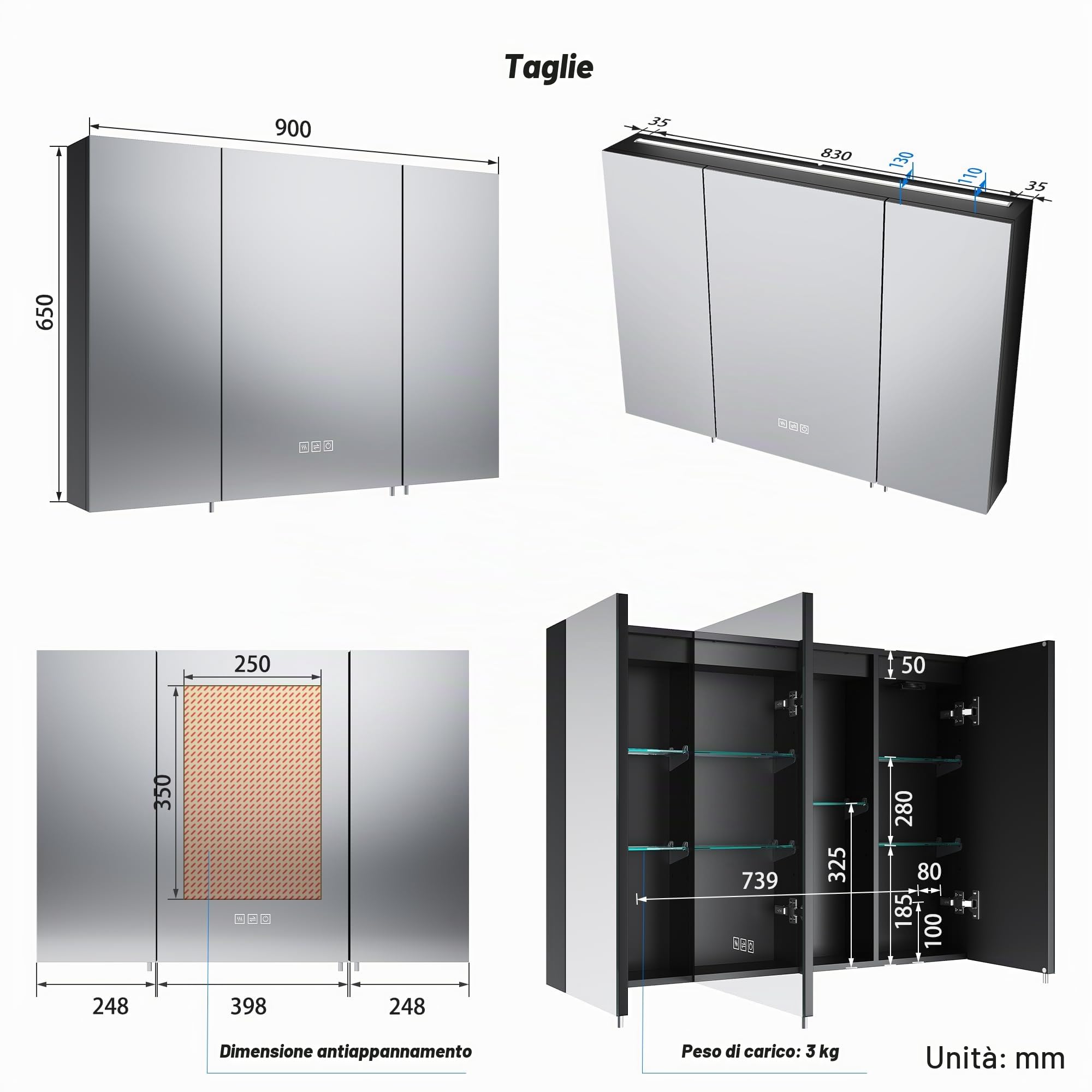 SONNI Armadietto a specchio da bagno con illuminazione e presa a 3 porte, con interruttore touch, 3 colori di luce regolabili, senza appannamento, per il bagno, 90 x 65 cm, nero opaco