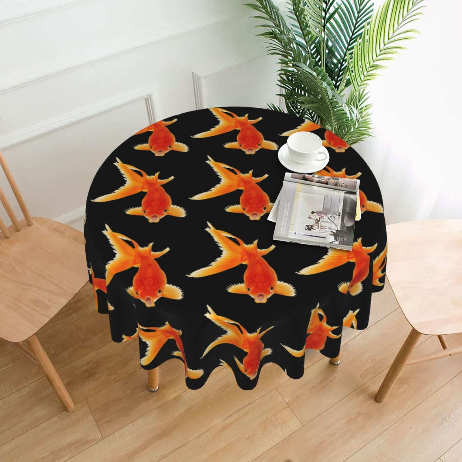 Uusnwaa Real Fish Print Round Tablecloth 60 Inch, Stain Wrinkle Resistant Washable Polyester Table Cover For Kitchen Party