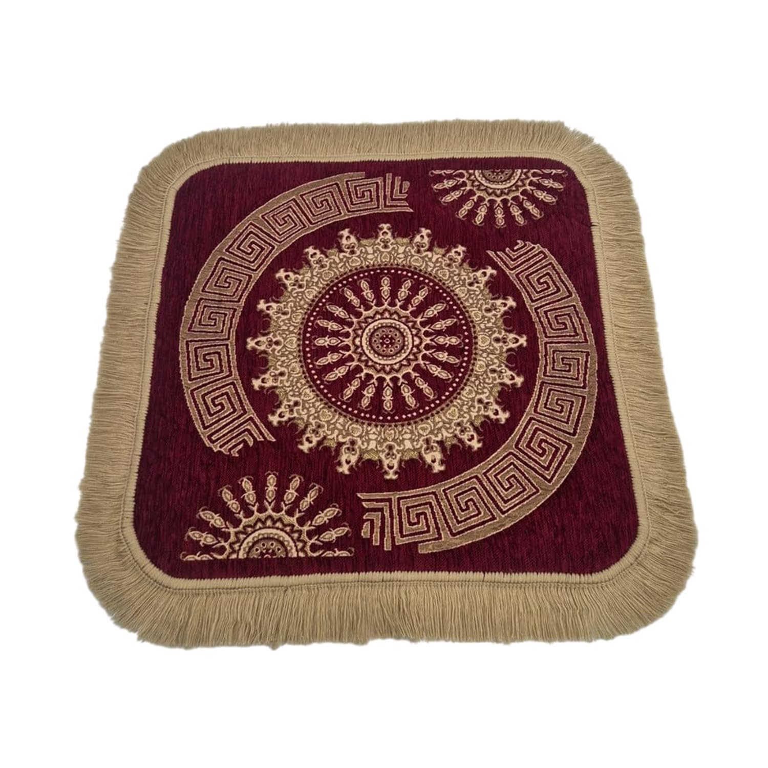 SH Carpets Decorative Pooja Mat 24 x 24 Inches (2 x 2 Feet) | Soft Prayer Mat with Tassel Fringe | Multipurpose Chowki Aasan for Mandir, Home Temple & Festivals | Red Colour-picture-10