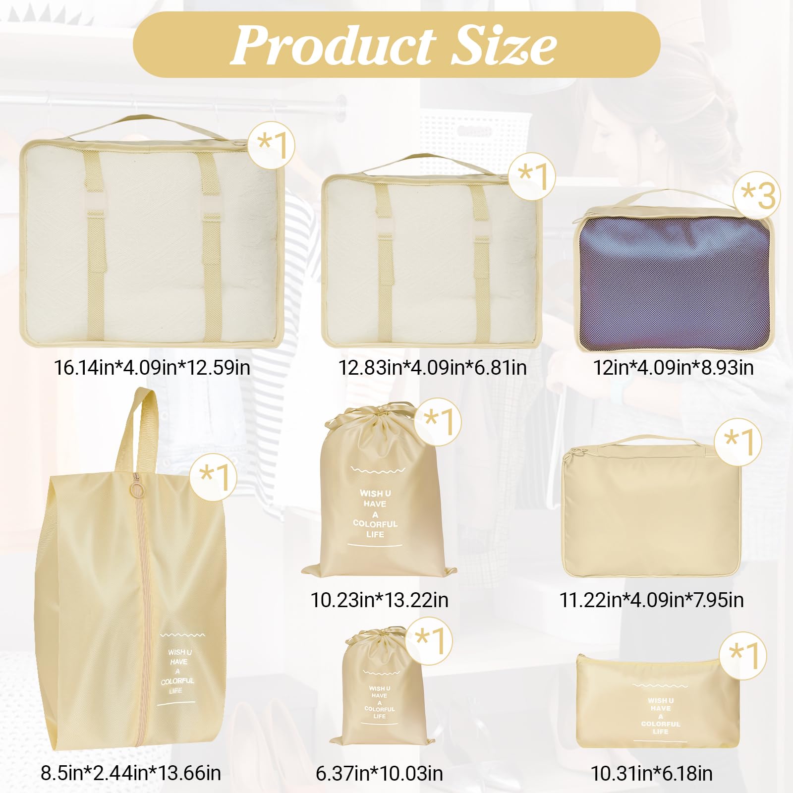 Zorplex Set di Organizer per Valigia, 10 Pezzi, Packing Cubes Salvaspazio per Abbigliamento, Cosmetici, Scarpe e Accessori da Viaggio (Beige)