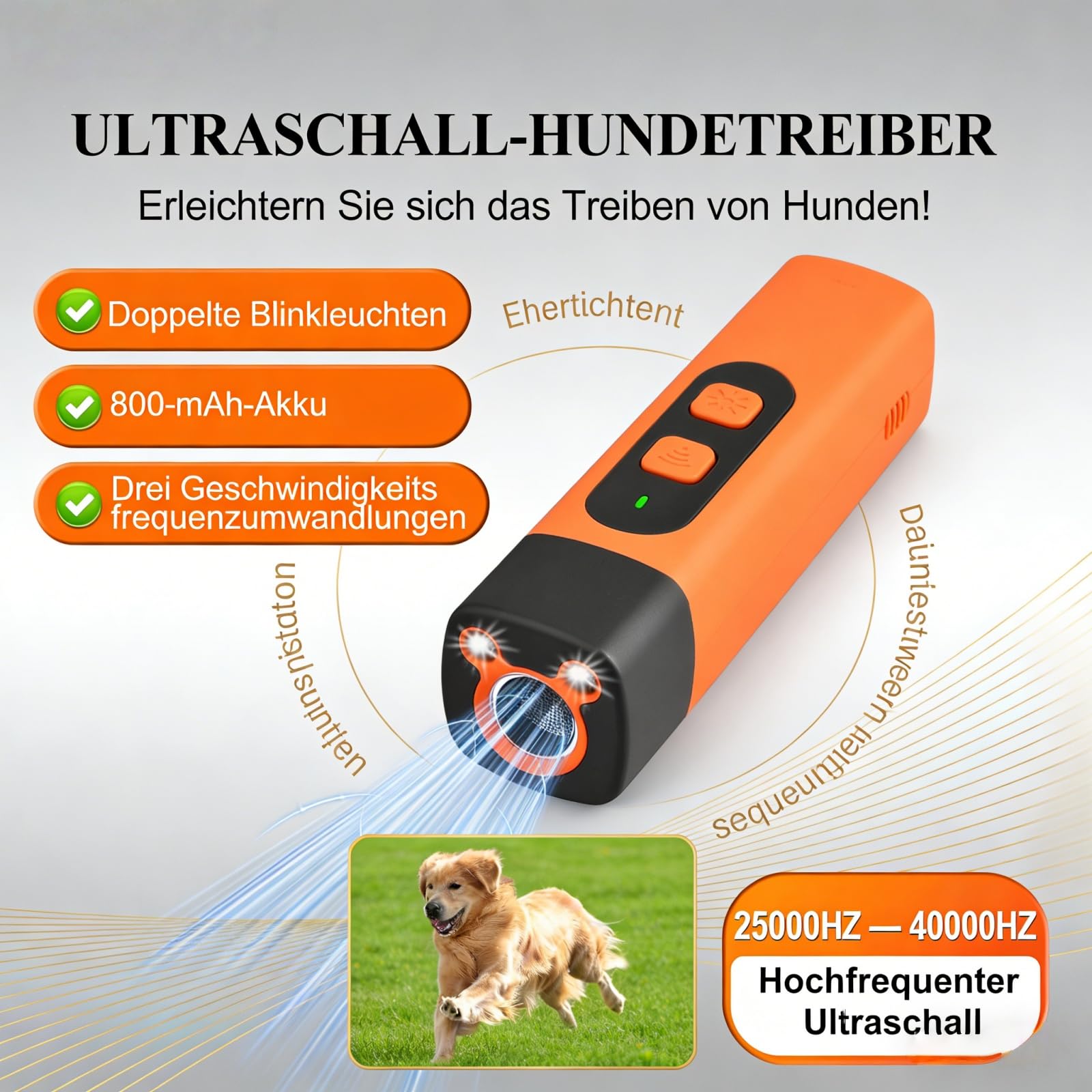 Dr Zampe RuheMeister Pro Antibell dispositivo ultrasonico con 3 livelli di frequenza, ricaricabile e torcia a LED, per cani piccoli e grandi, uso interno ed esterno (arancione)