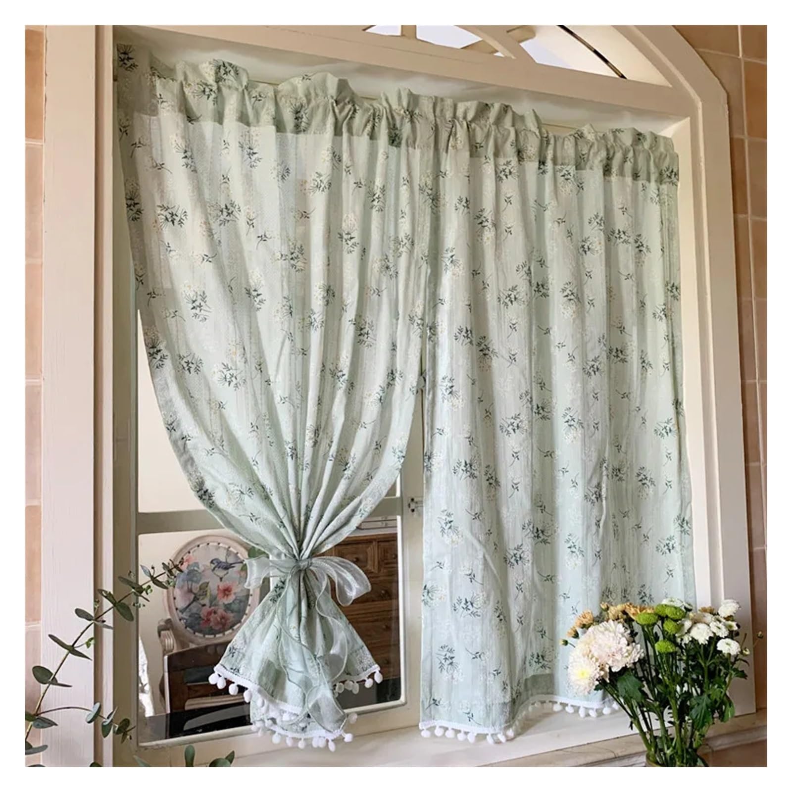 Rideau en coton vert à marguerites 140x120 cm avec passe-tringle pour cuisine