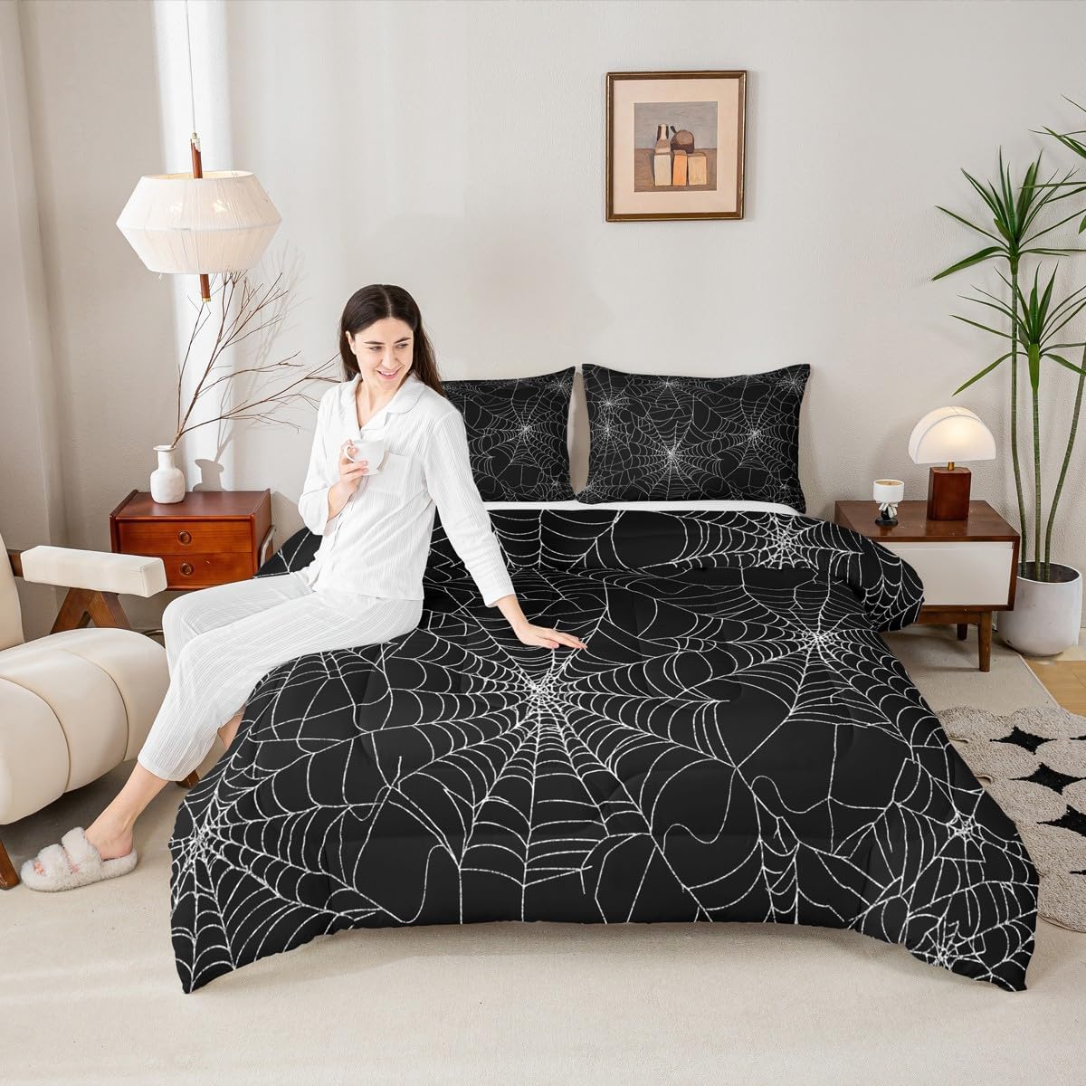 Feelyou Spider Web Comforter Set Queen Size for Kids Boys Girls Halloween Goth Art Black White Bedding Set Duvet 1 Comforter+ 2 Pillow Shams