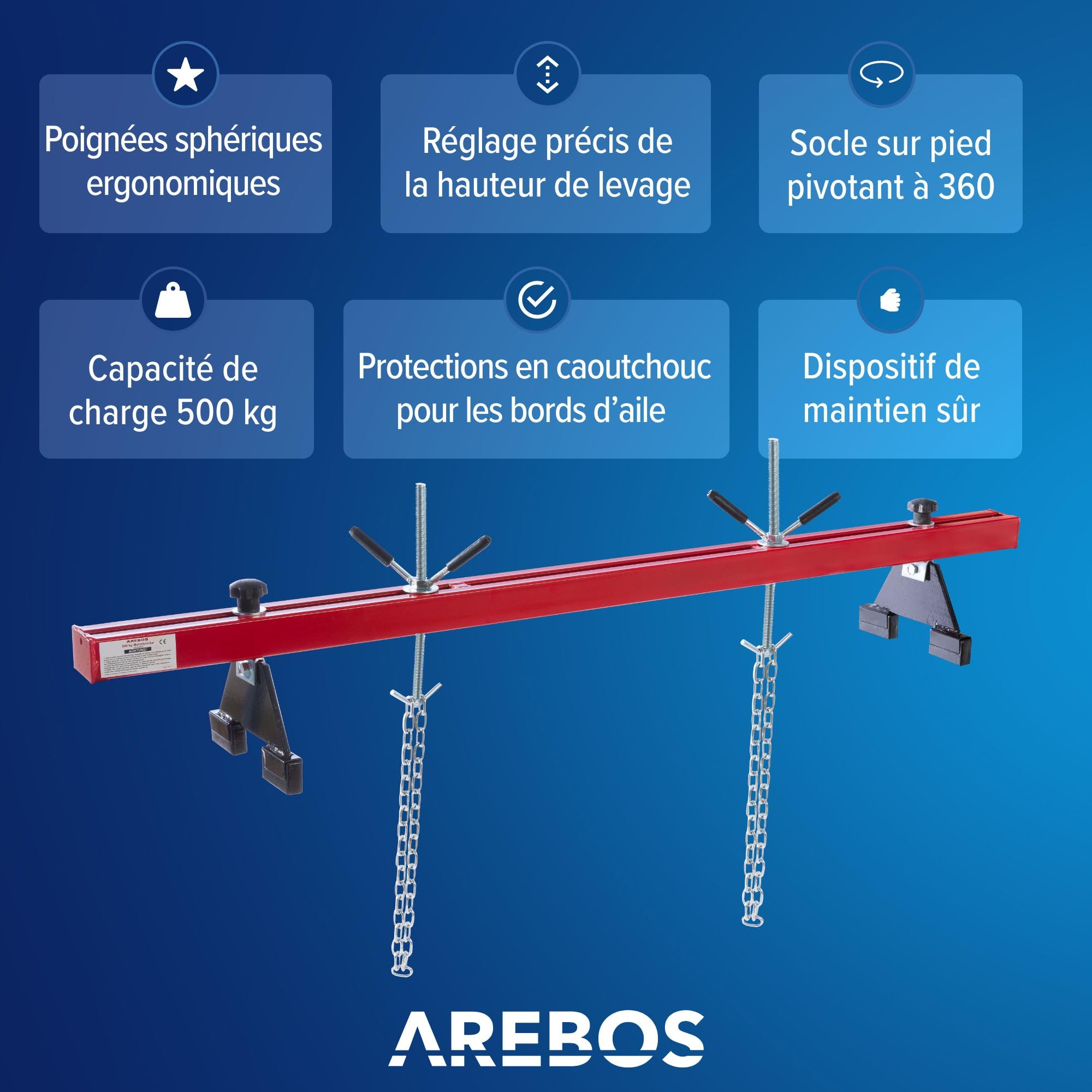 Arebos Pont Moteur 500kg [730-1480mm] Traverse d'aile Levage Moteur Support Moteur Traverse Moteur | Acier Peint | Rouge