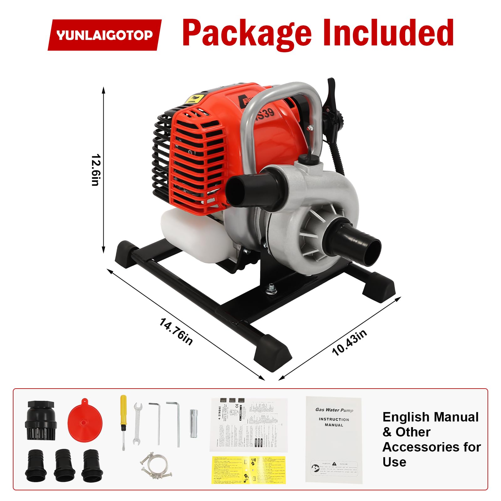 YUNLAIGOTOP 1.5Inch 4-Stroke Gasoline Engine Water Pump 31CC Gas Powered Portable High Pressure Gasoline Irrigation Transfer Pump Trash Water Transfer Pump for Landscaping, Gardening Irrigation, Pool