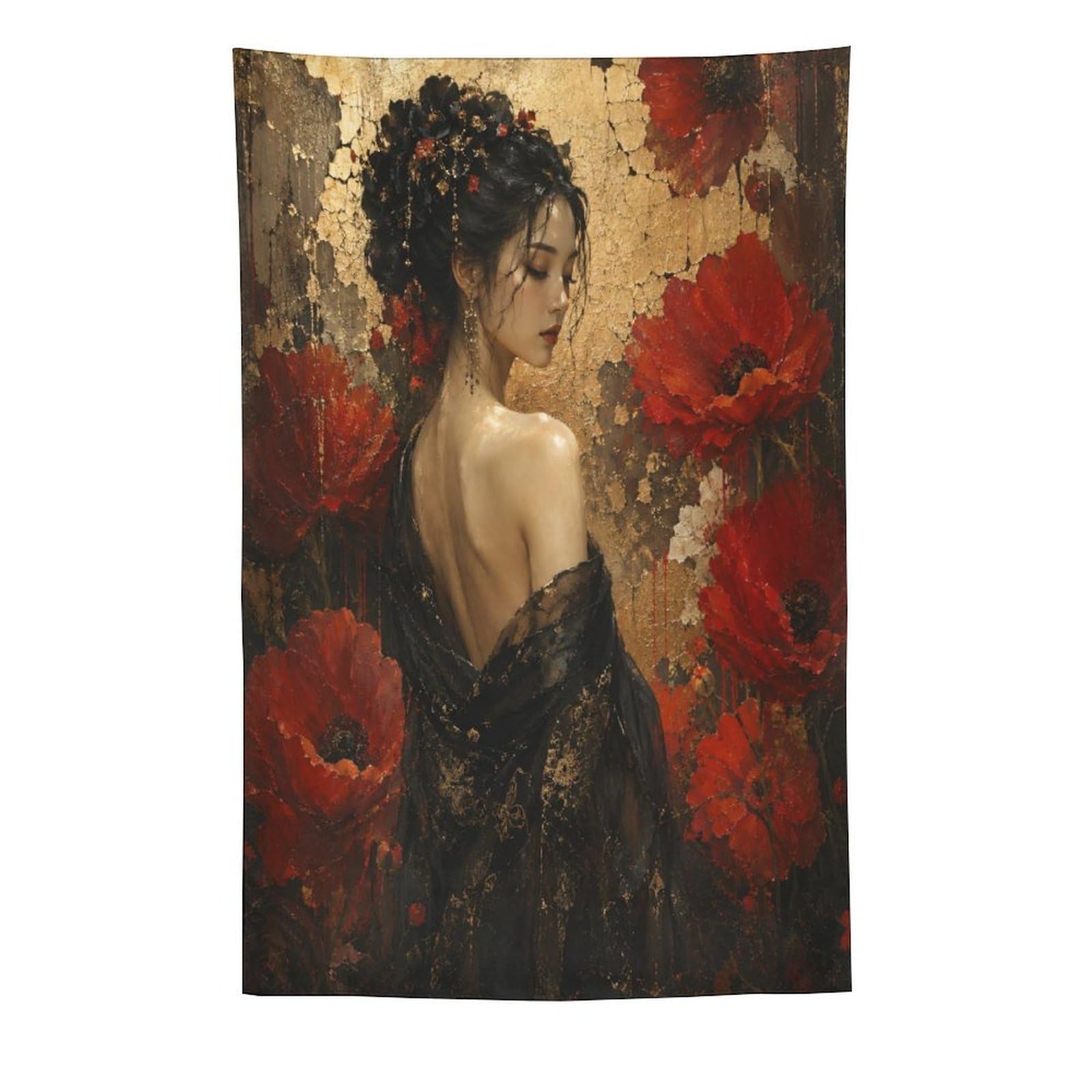 W7C8U2X3 Vintage Red Poppy Woman Wall Tapestry, Impressionist, Backdrop