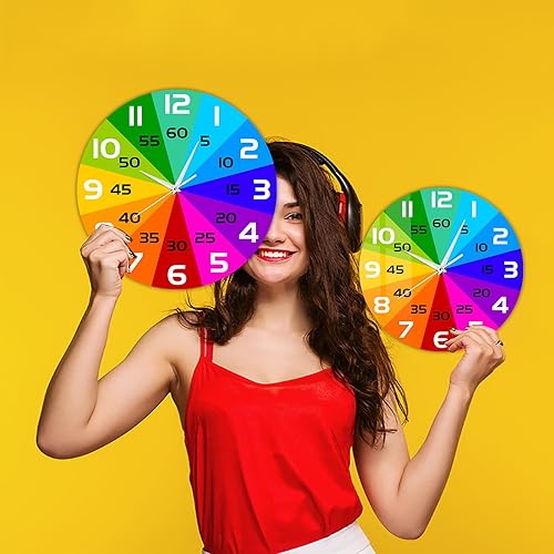 Miniatura 9 de Reloj de aprendizaje con rueda de color arcoíris, reloj de enseñanza de 12 pulgadas para niños, reloj de pared analógico para aula, movimiento