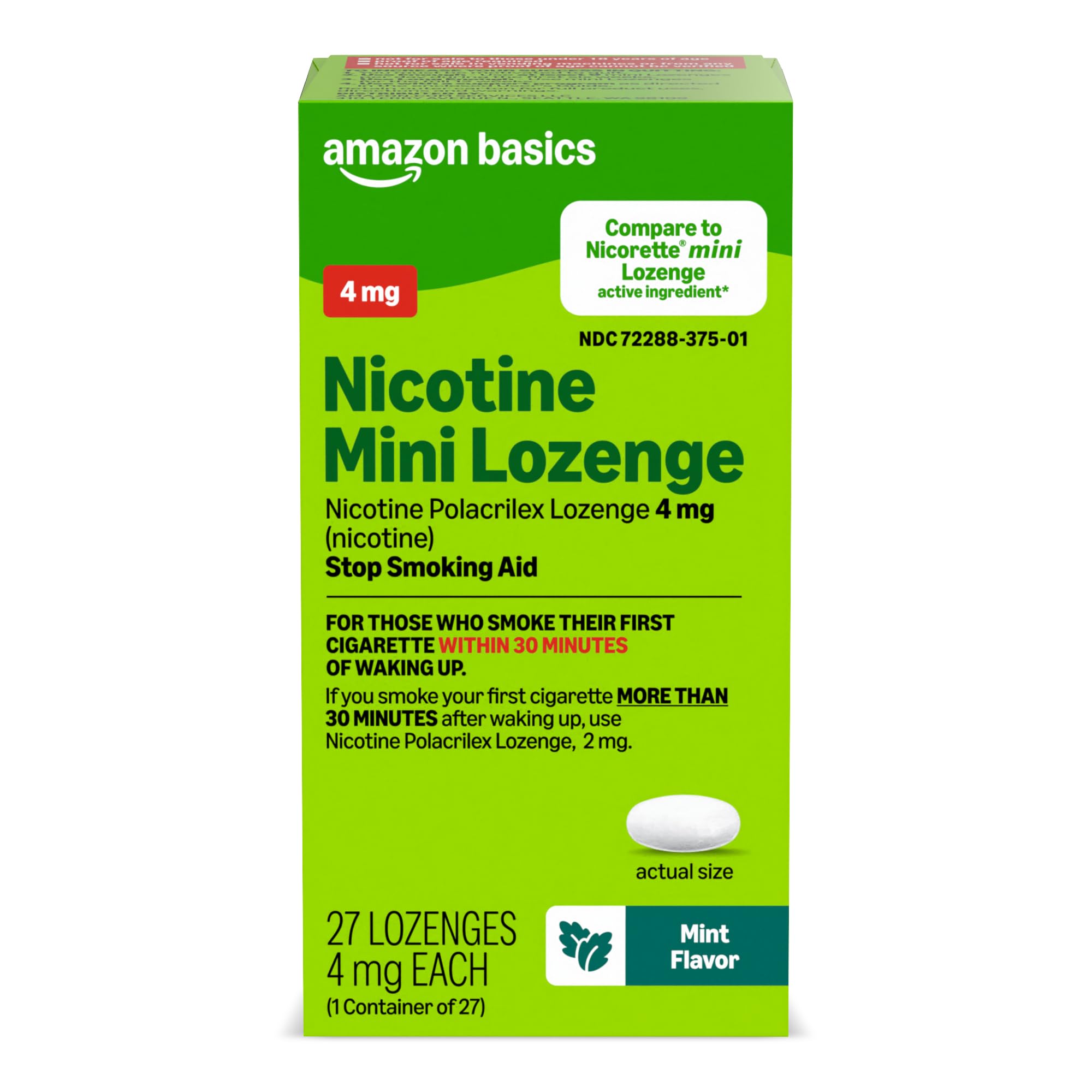 Amazon Basics Nicotine Polacrilex Mini Lozenge, 4 mg (Nicotine), Stop Smoking Aid, Mint Flavor, 27 Count (Previously Amazon Basic Care)