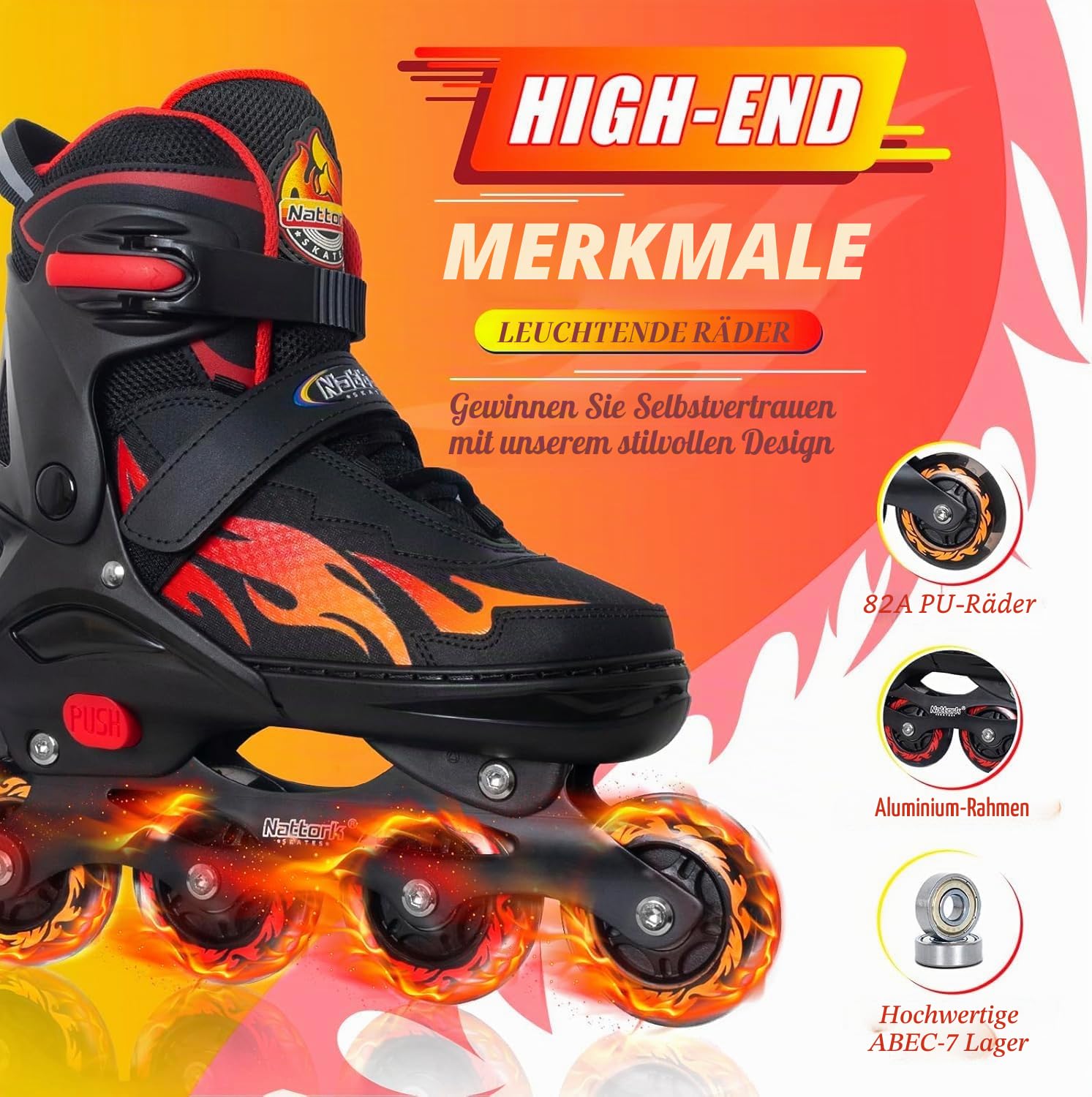 Nattork Adjustable Inline Skates for Kids and Teens, Nezha Inferno Skates Indoor and Outdoor Blades Rolle for Boys Girls Youth Aged 6-16, Adult Beginners Flame Style