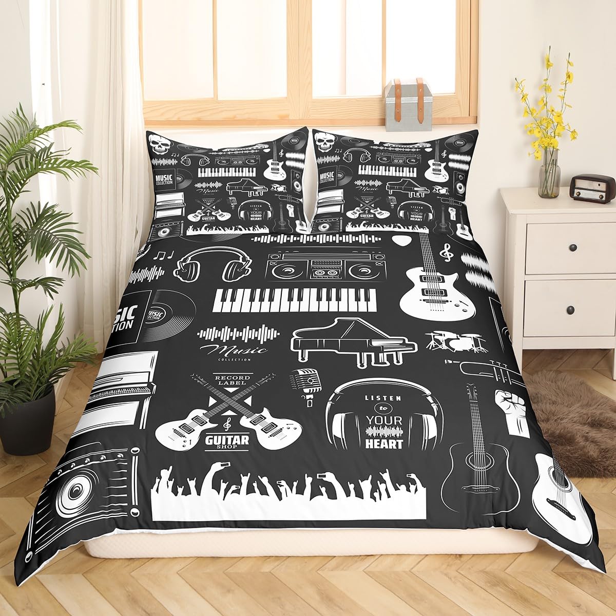 Homewish Bettwäscheset für E-Gitarre, Altes Vinyl-Schallplatten-Set, Vintage-Trompete, Kopfhörer, Bettbezug, Doppelbett, Jazz, Funk, Rockmusik, Bettwäsche-Sets, Hippie-Trommel-Set, Tagesdecke, Schwarz