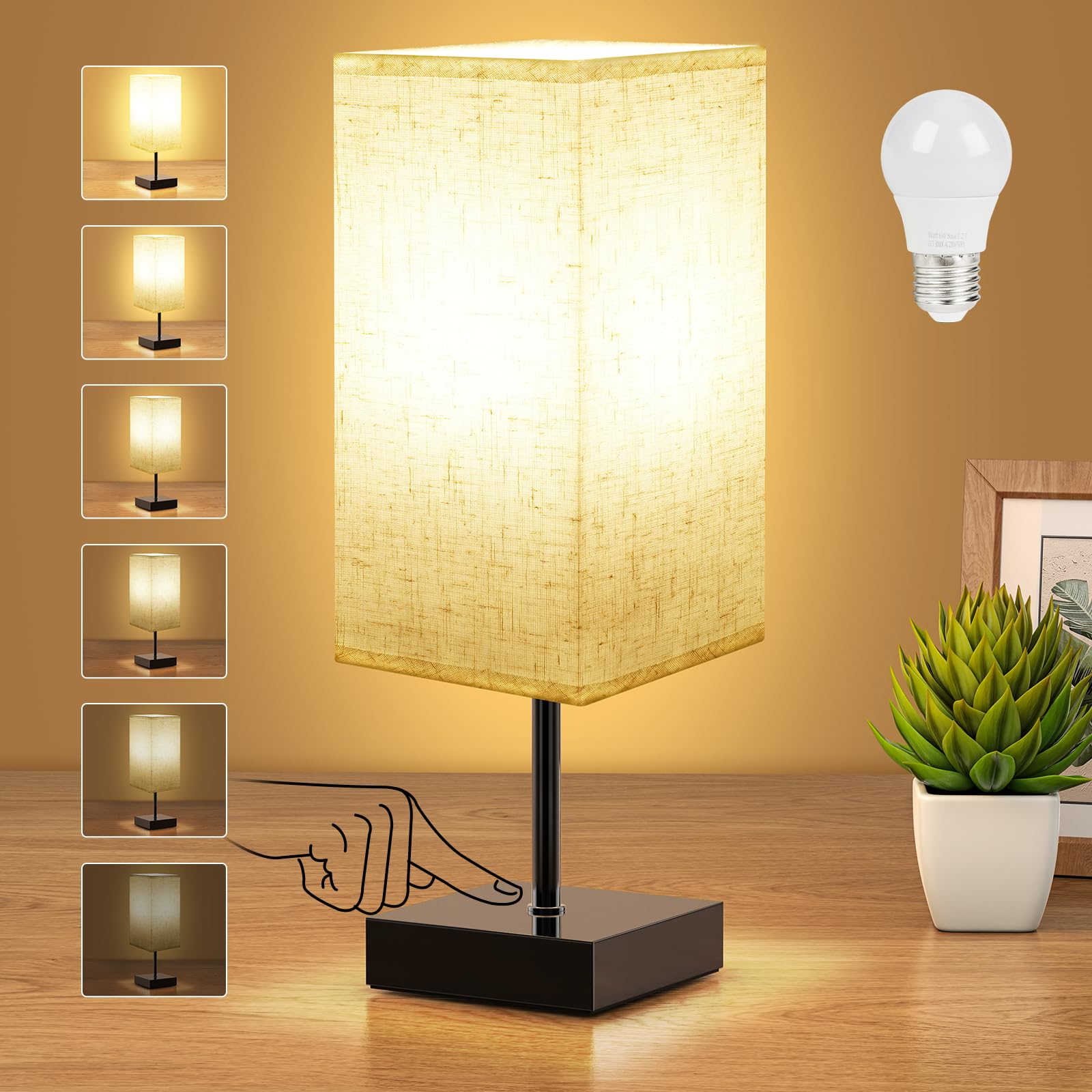 Suright Bedside Lamps, Touch Lamps Bedside with Brightness Memory Function, Stepless Dimmable Table Lamp with Linen Fabric Shade, Small Table Lamp for Bedroom Living Room (Bulb Included)