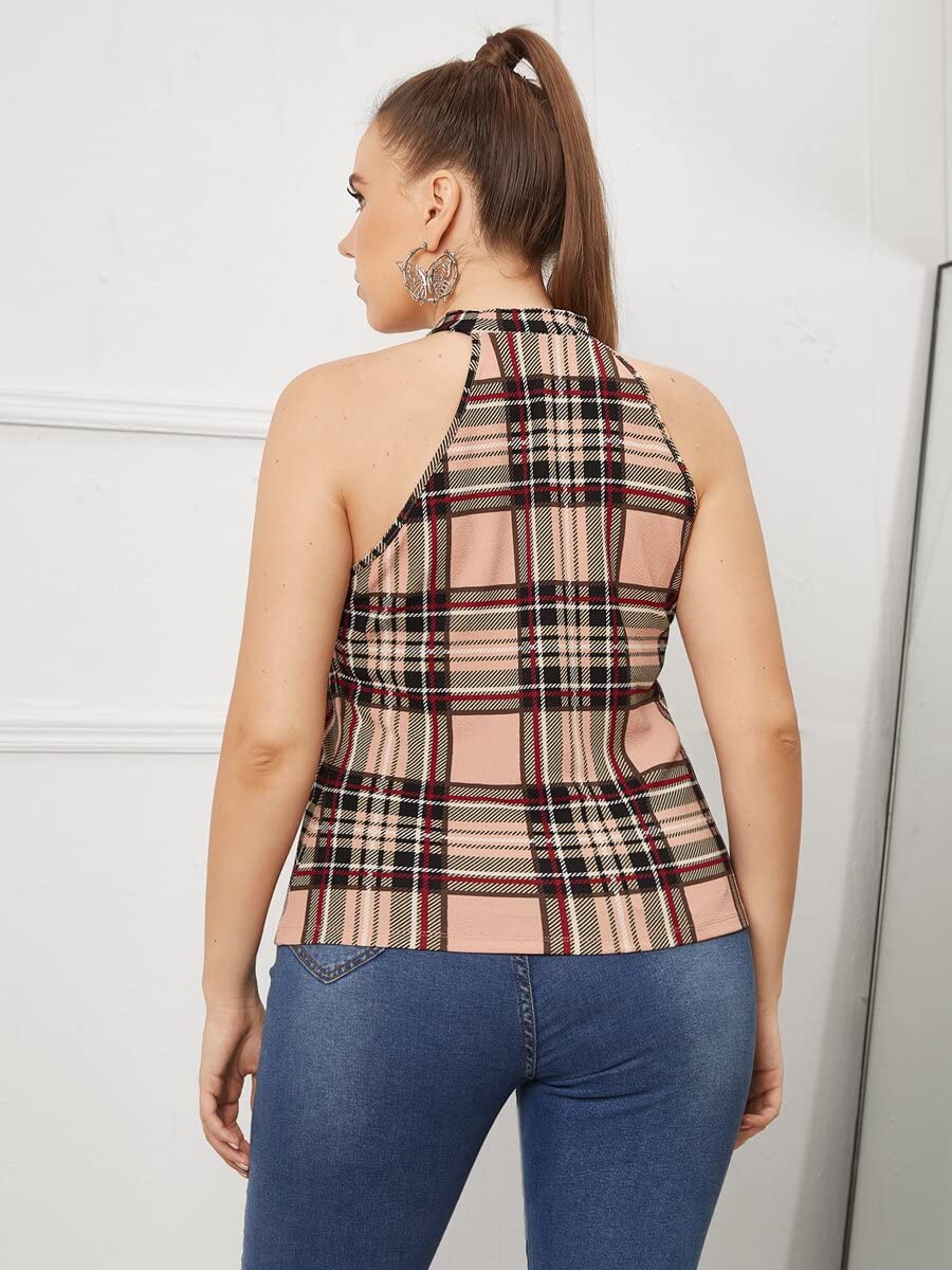 WOKEZWOKEZ Plus Tartan Halter Top (Color : Multi, Size : 3XL)