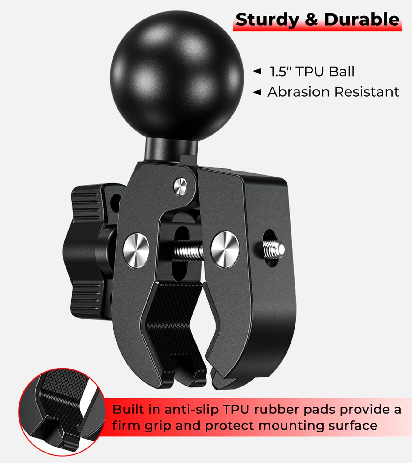 Aluminum Alloy 1.5" Ball Trolling Motor Stabilizer Mount with Tough-Claw Clamp Base for 1/2" to 1-3/4" Diameter Rails, 9.1" Long Arm & Round Base for RAM Mounts C Size 1.5" Ball Components